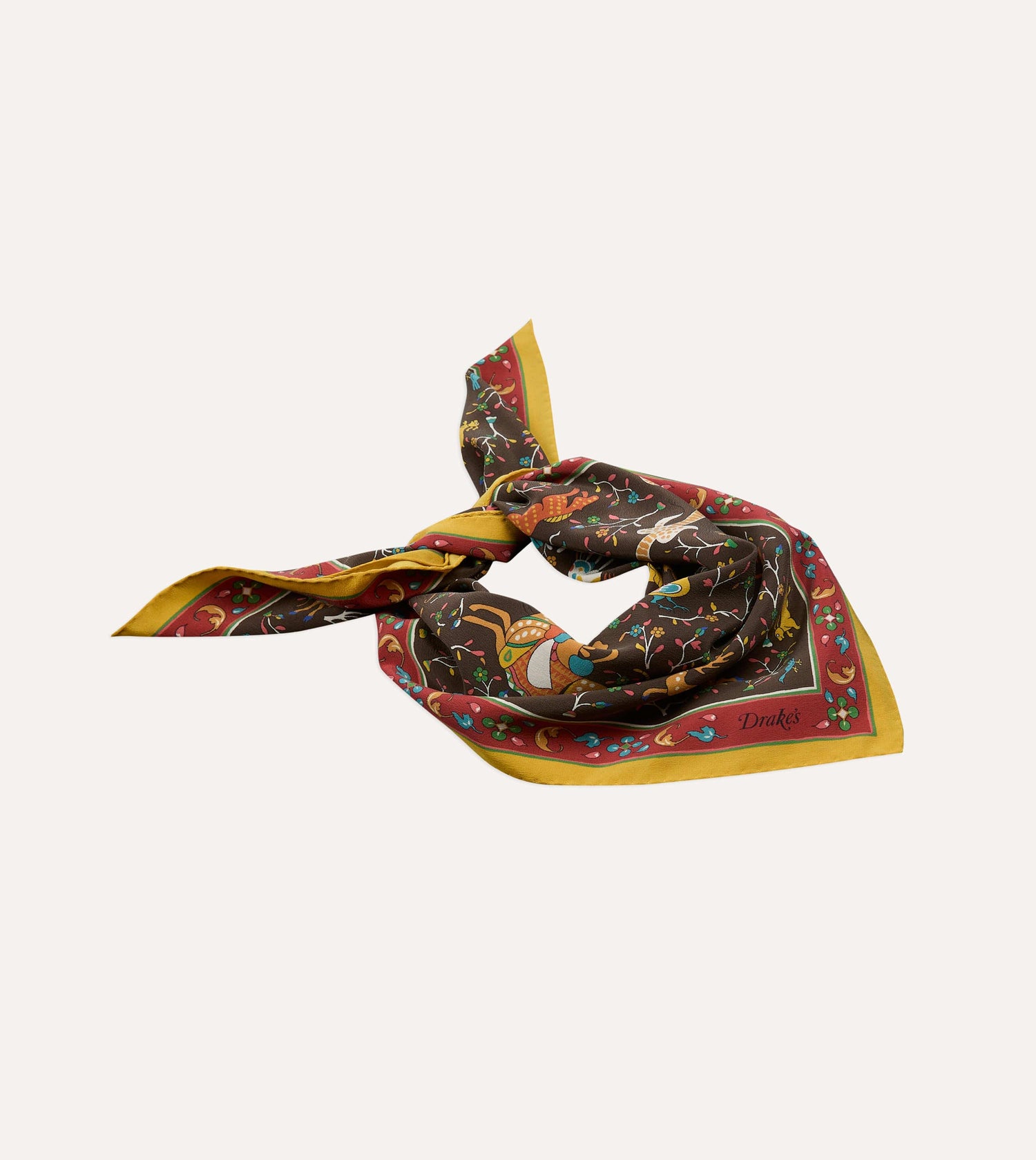 Brown Animals and Flowers Print Silk Bandana