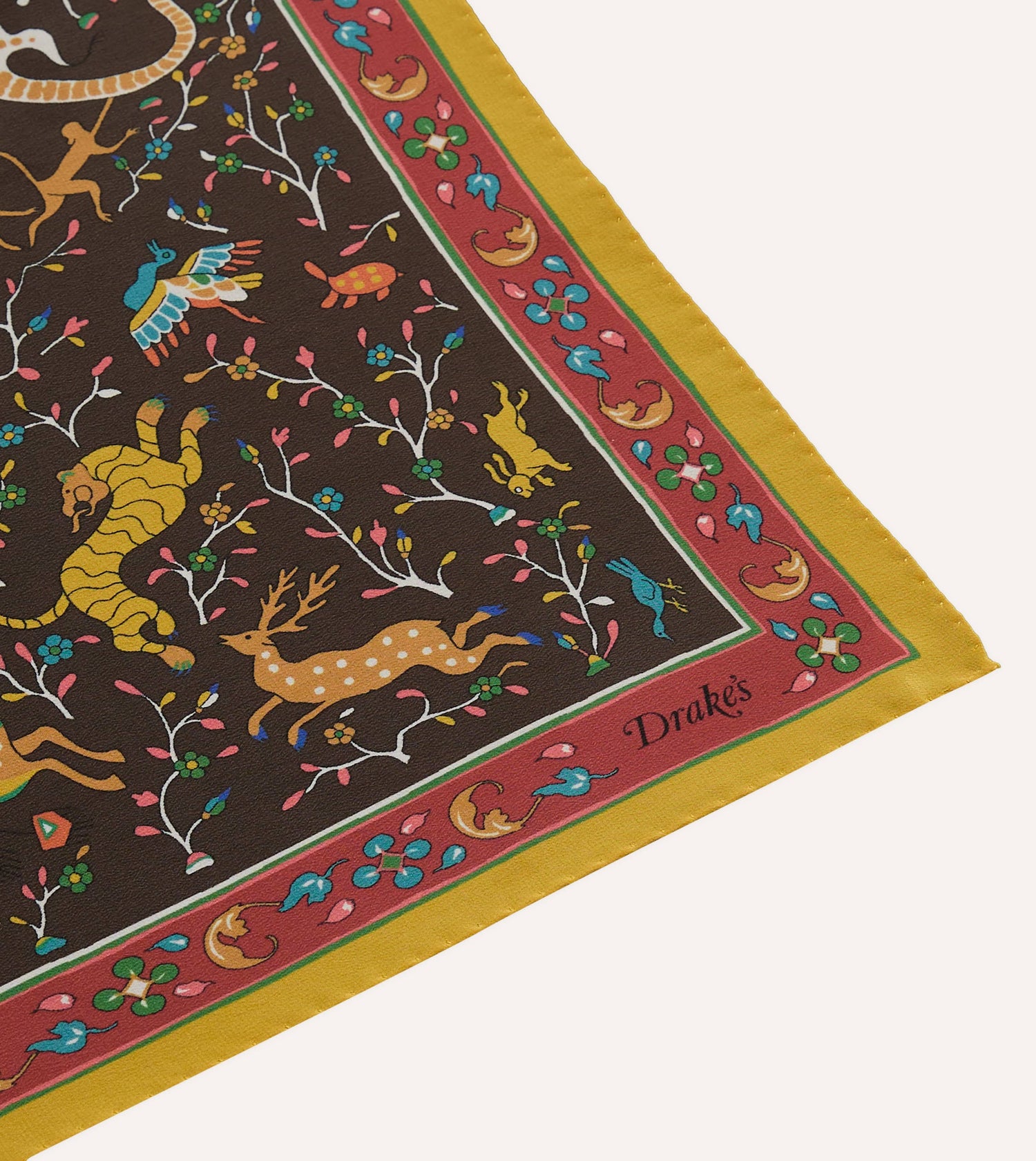 Brown Animals and Flowers Print Silk Bandana