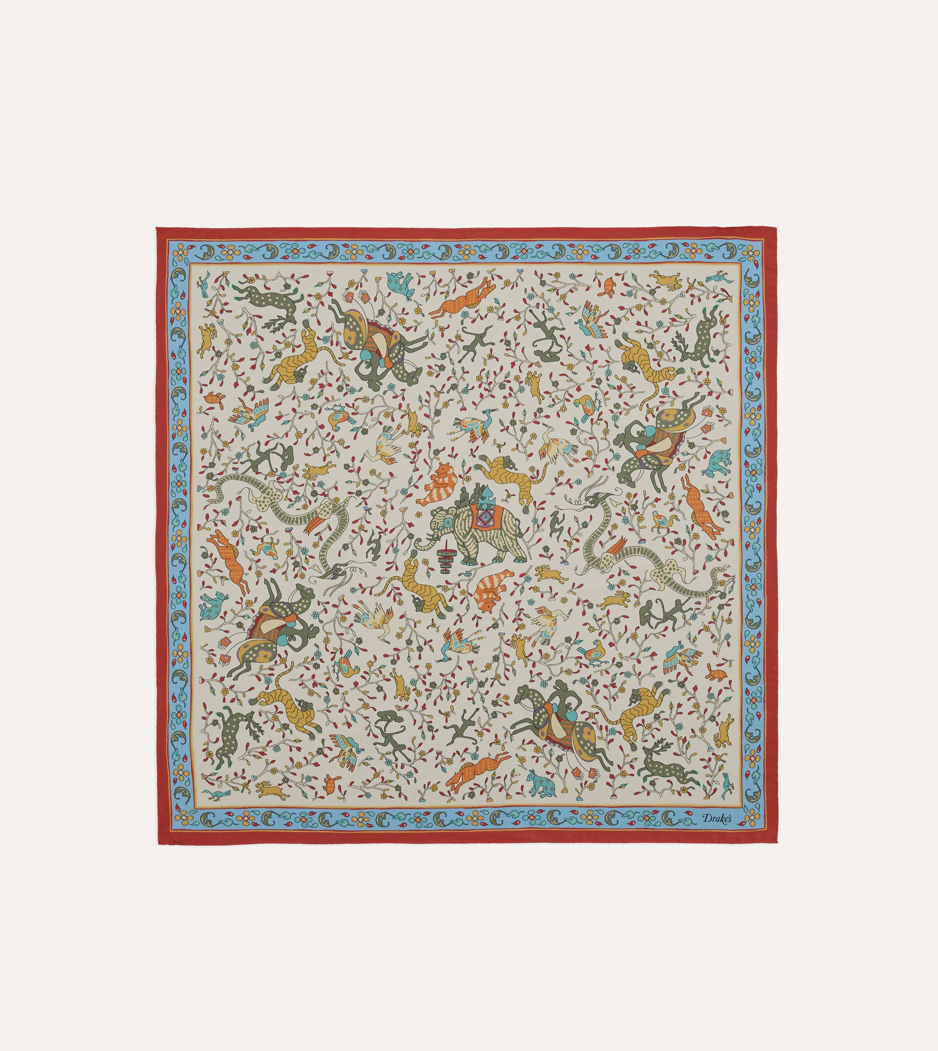 Ecru Animals and Flowers Print Silk Bandana