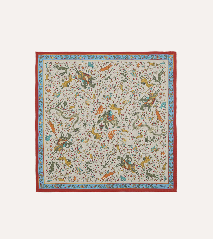 Ecru Animals and Flowers Print Silk Bandana