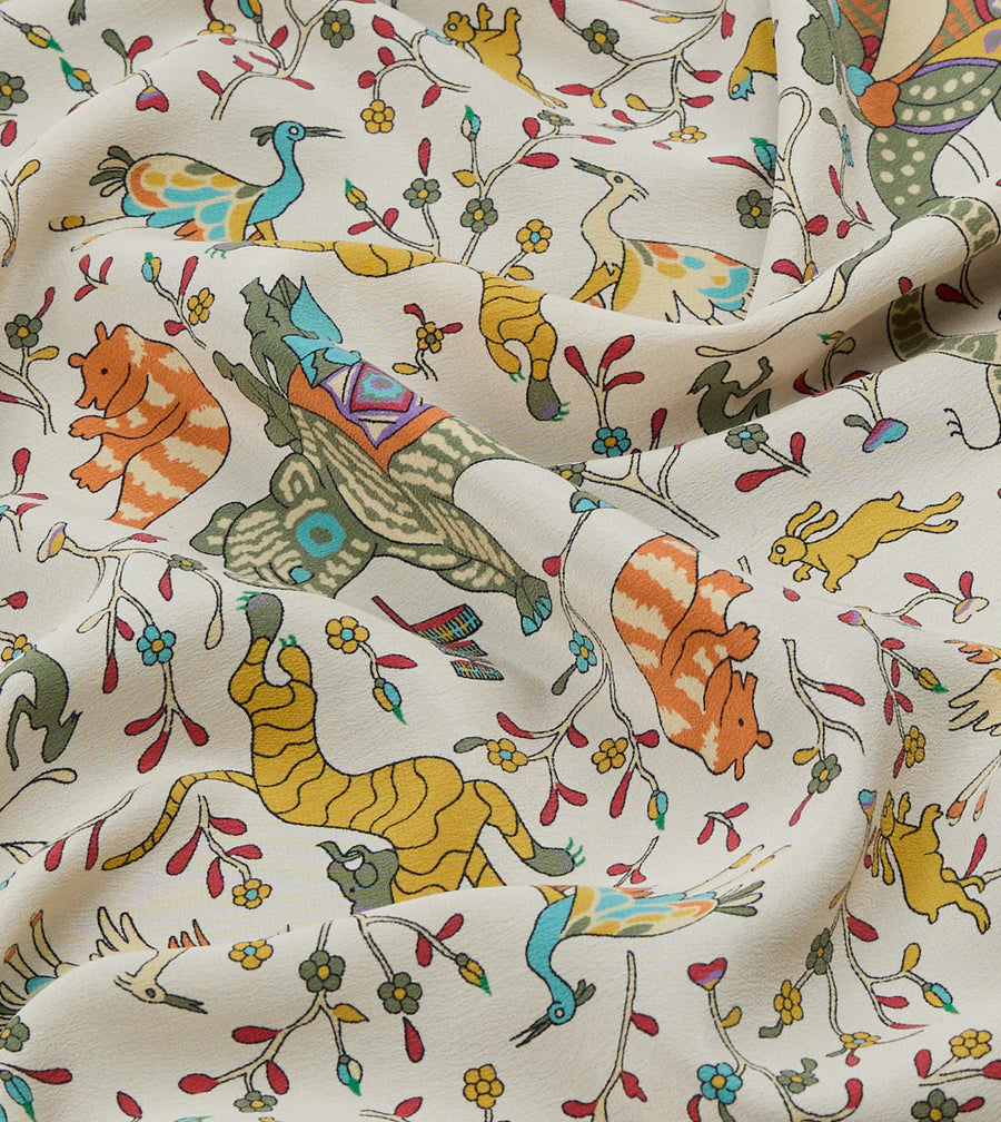 Ecru Animals and Flowers Print Silk Bandana