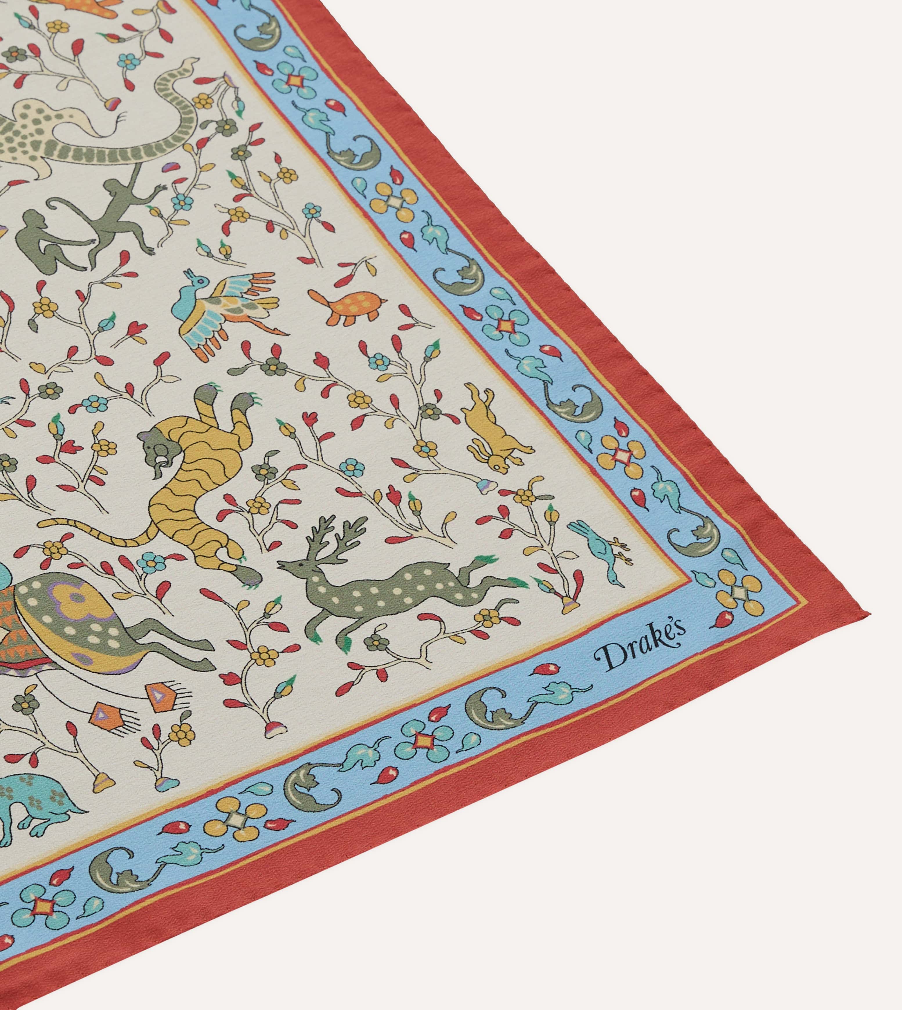 Ecru Animals and Flowers Print Silk Bandana