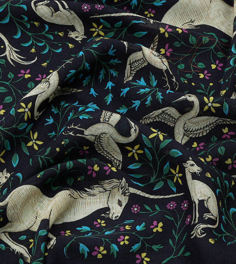 Navy Unicorn Print Wool-Silk Bandana