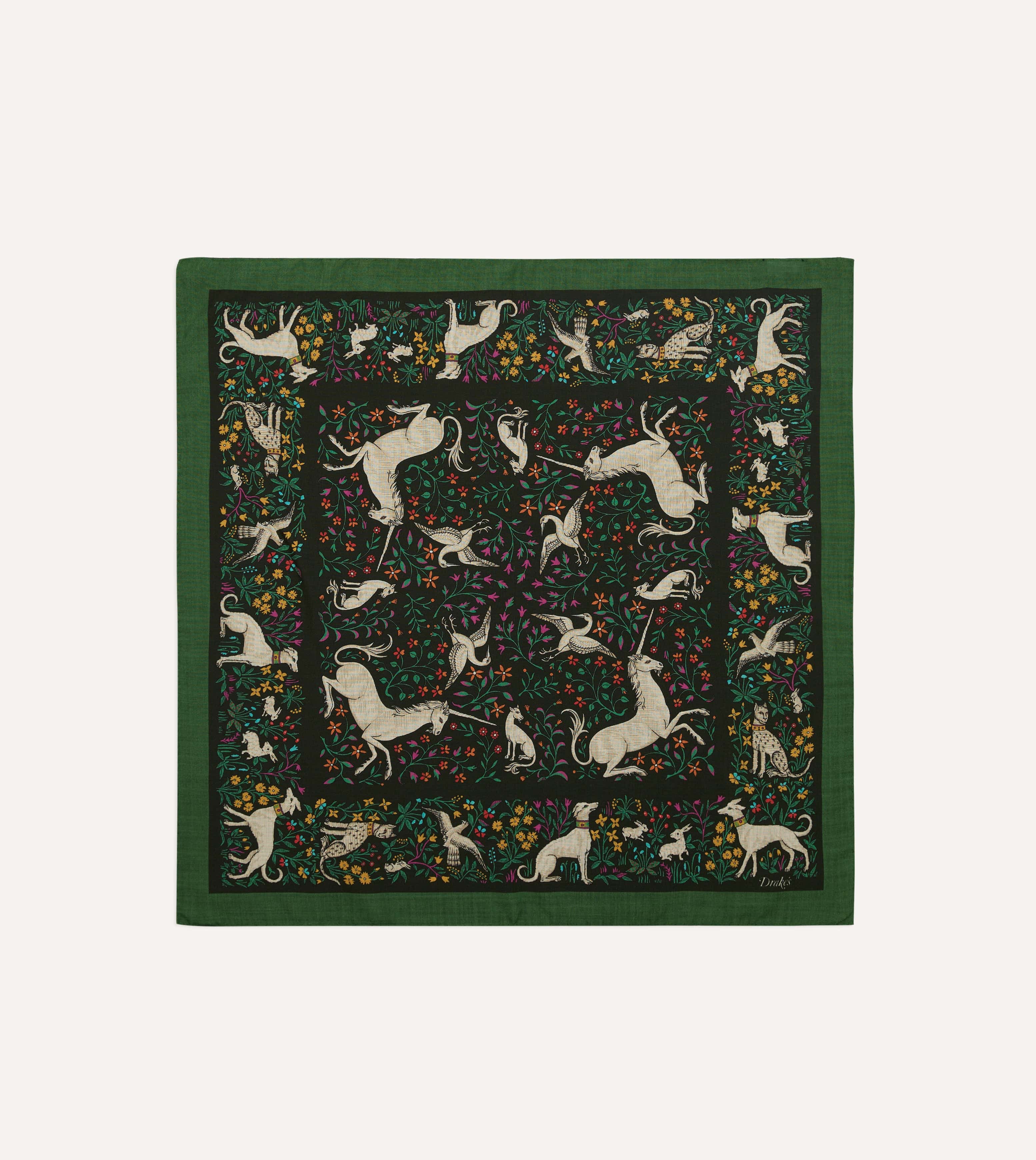 Green Unicorn Print Wool-Silk Bandana
