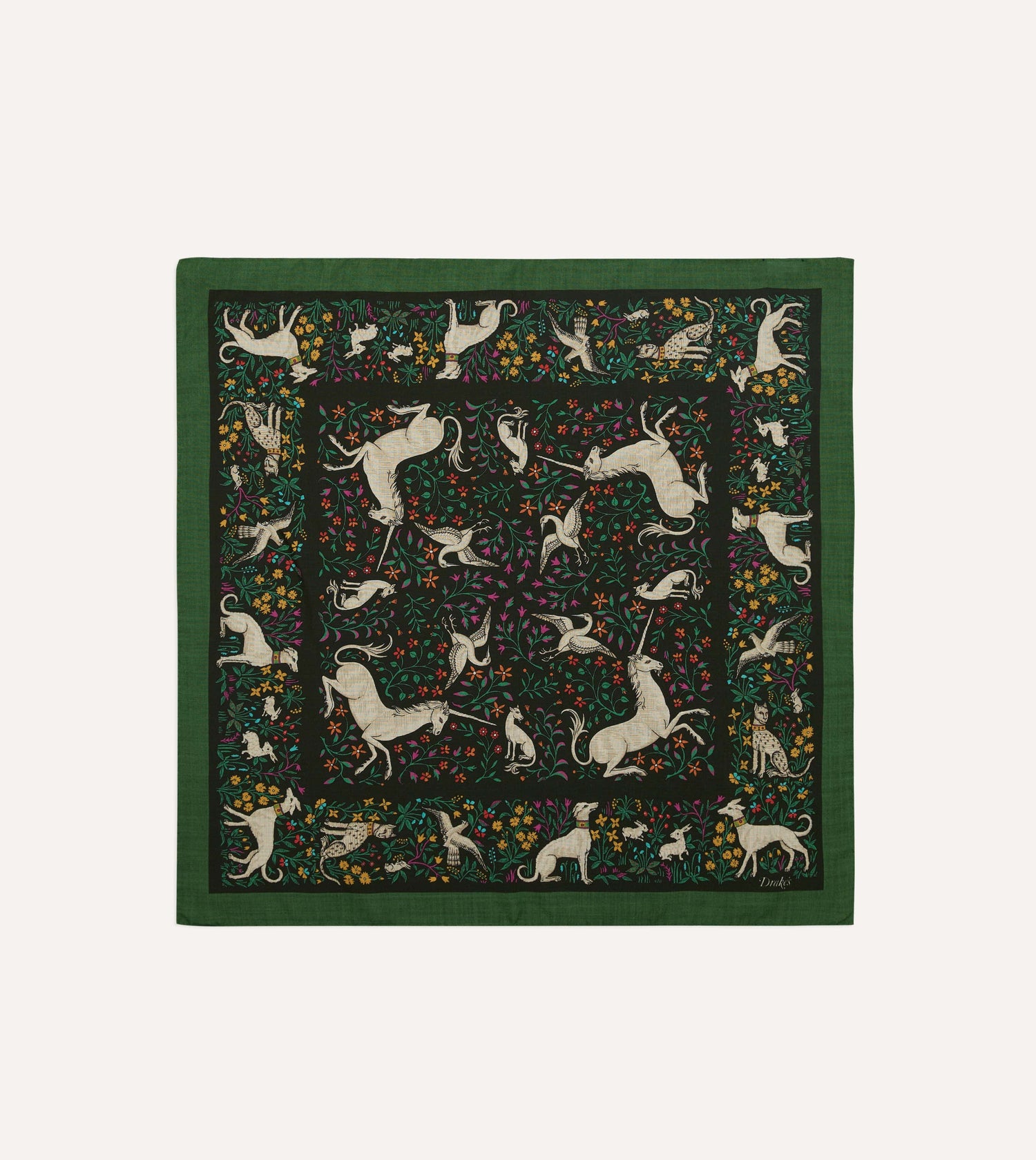 Green Unicorn Print Wool-Silk Bandana