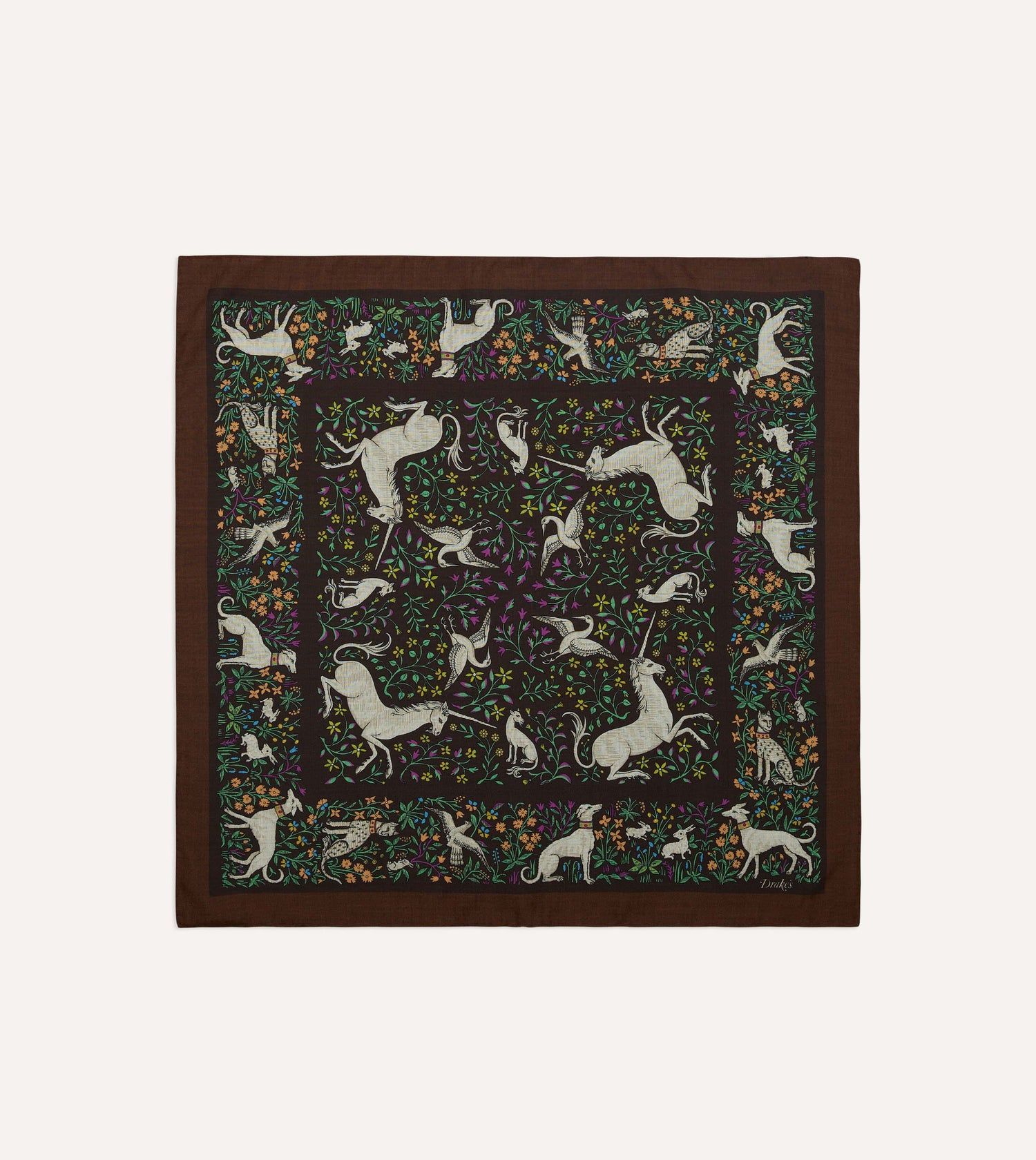 Brown Unicorn Print Wool-Silk Bandana