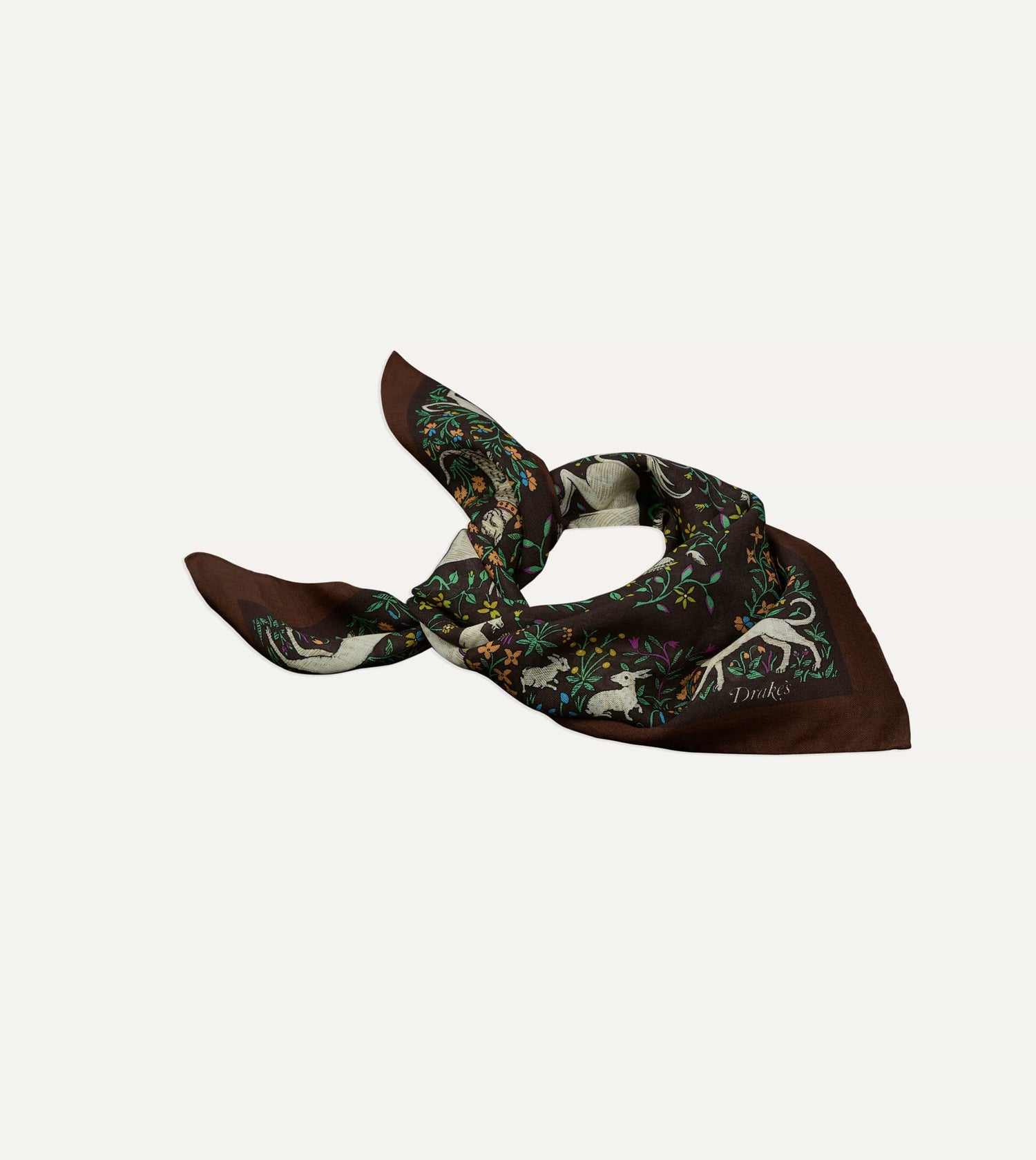 Brown Unicorn Print Wool-Silk Bandana