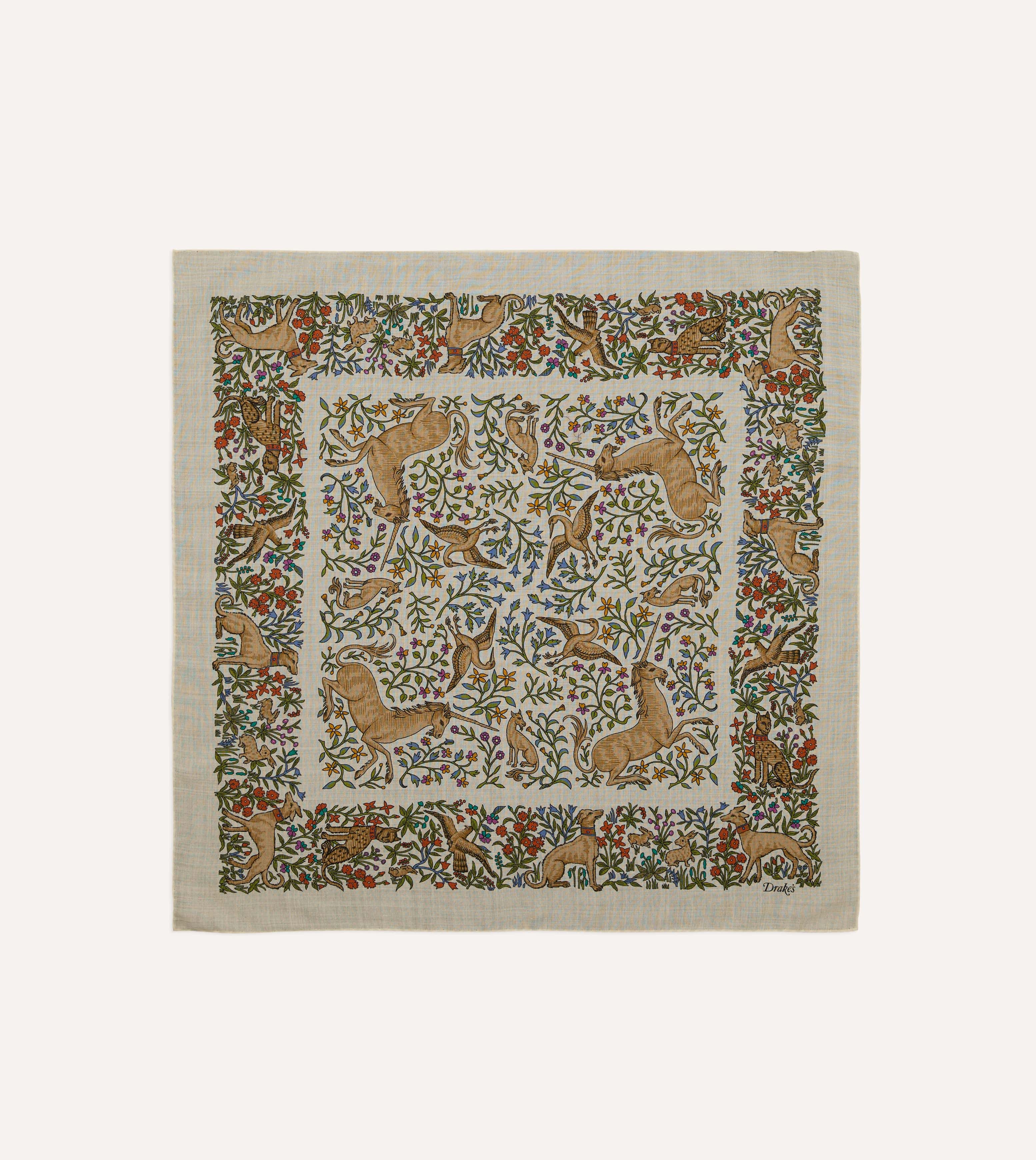 Ecru Unicorn Print Wool-Silk Bandana