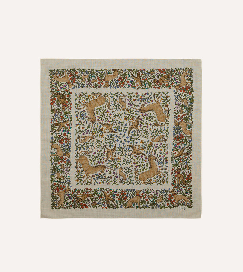 Ecru Unicorn Print Wool-Silk Bandana