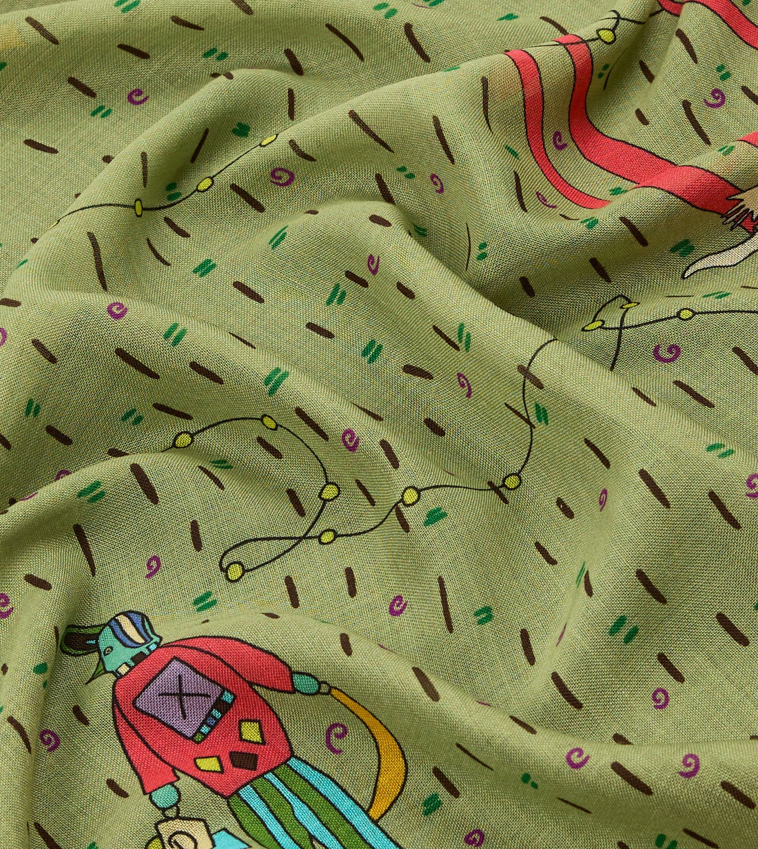 Olive Acrobat Print Wool-Silk Bandana