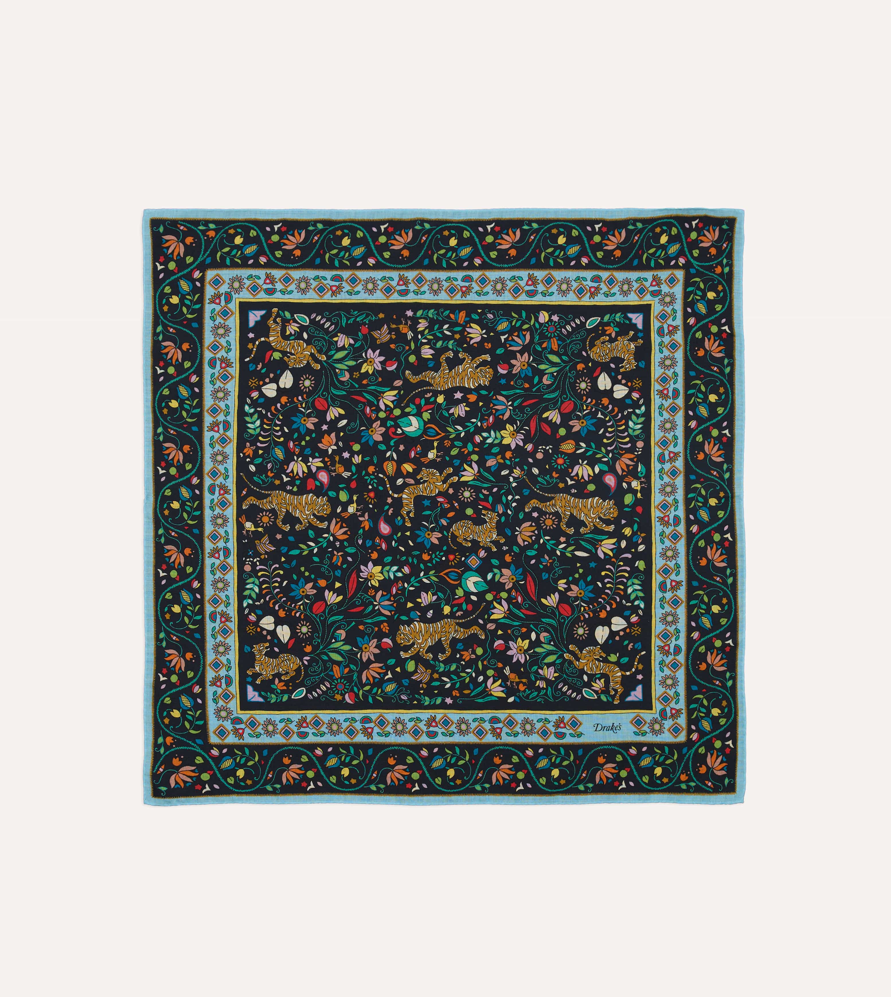 Navy Tiger Garden Print Wool-Silk Bandana – Drakes