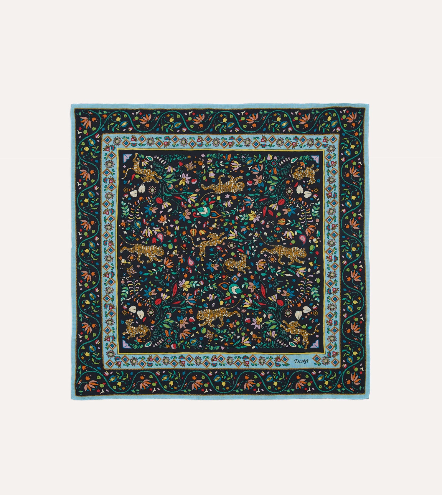 Navy Tiger Garden Print Wool-Silk Bandana