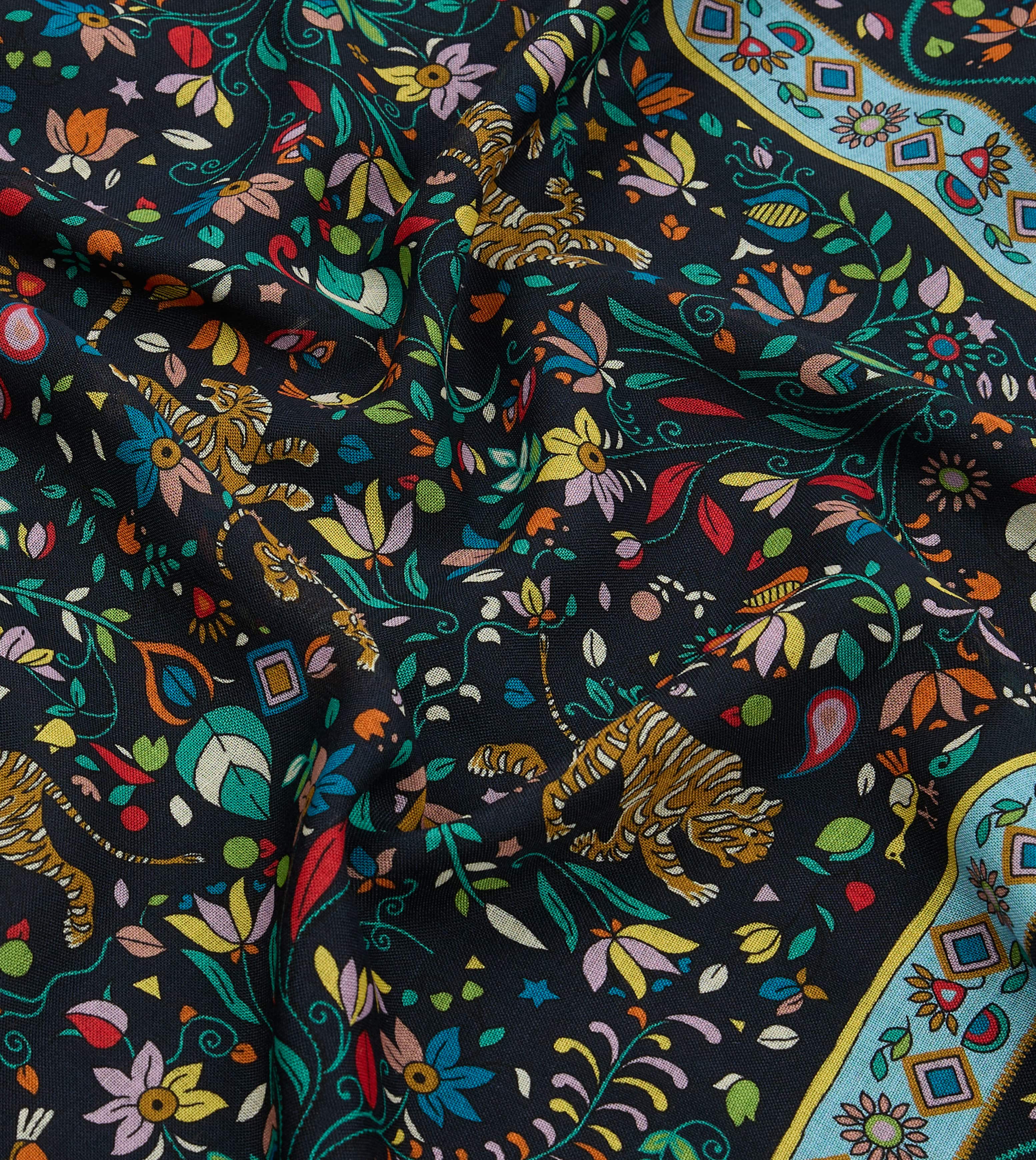 Navy Tiger Garden Print Wool-Silk Bandana – Drakes
