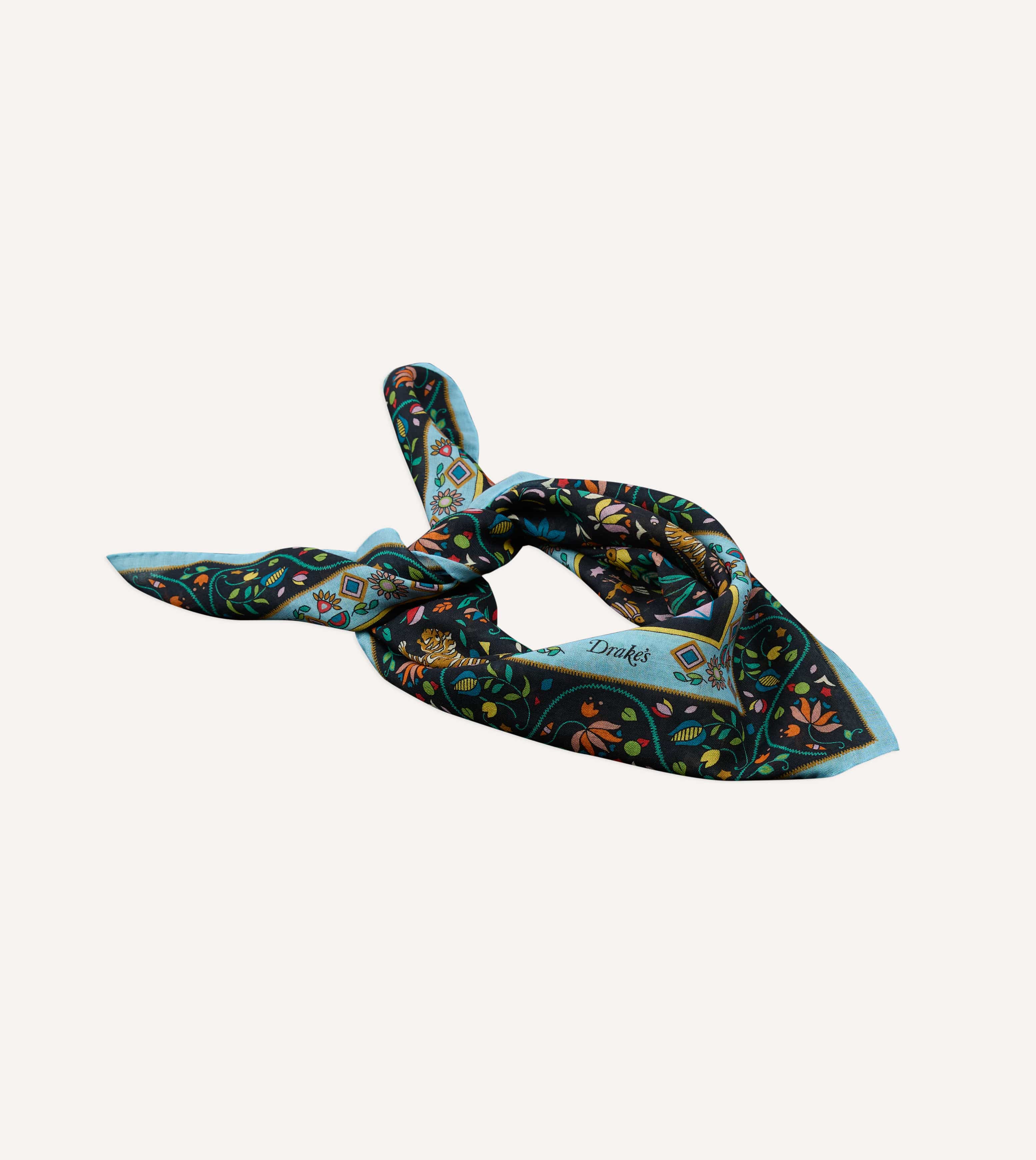 Navy Tiger Garden Print Wool-Silk Bandana – Drakes