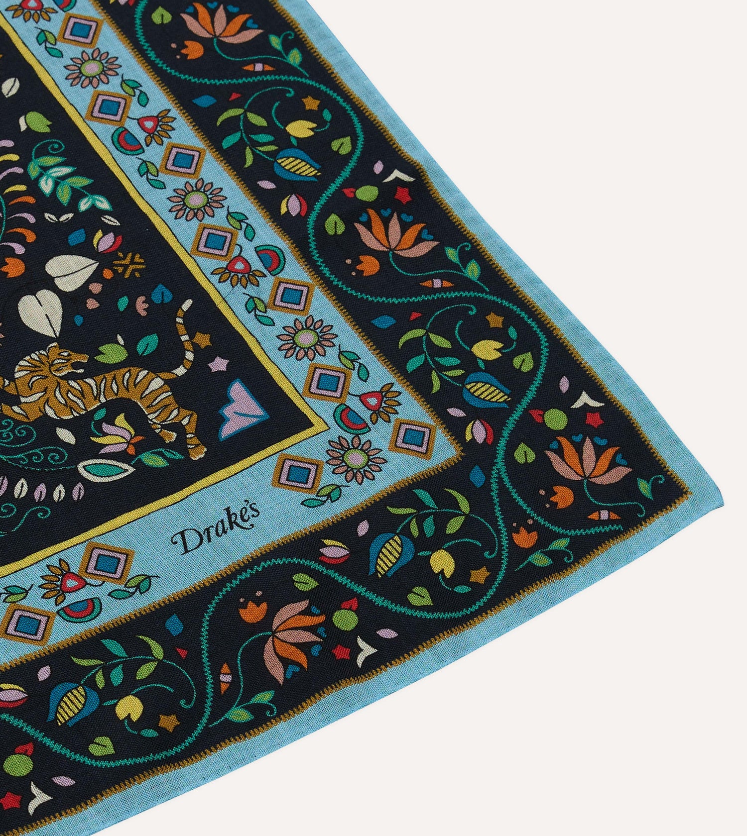 Navy Tiger Garden Print Wool-Silk Bandana