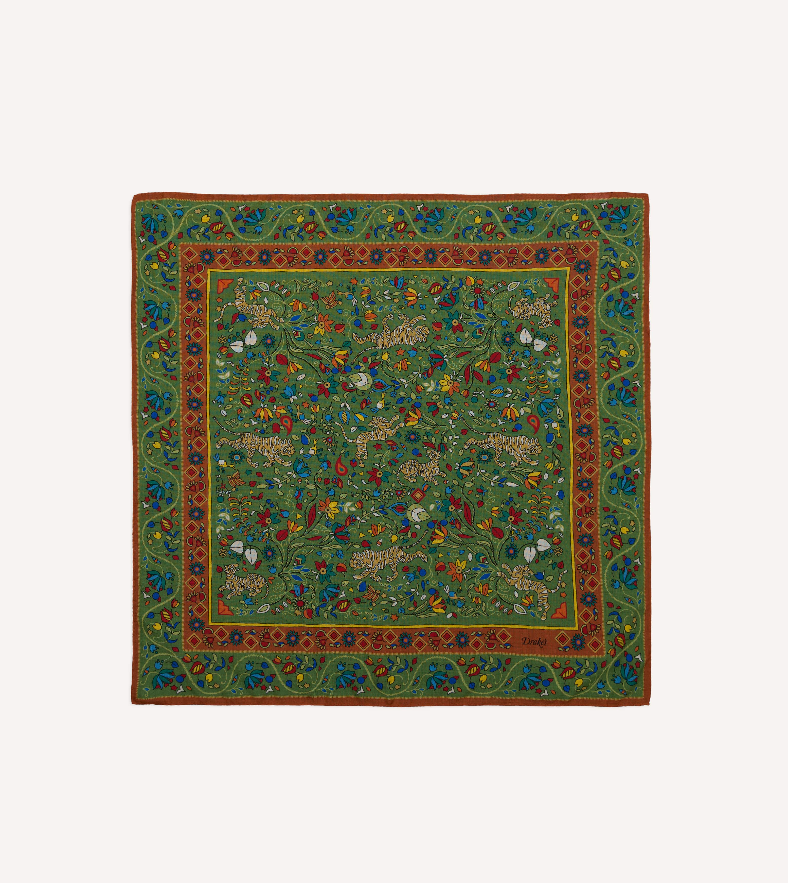 Green Tiger Garden Print Wool-Silk Bandana – Drakes