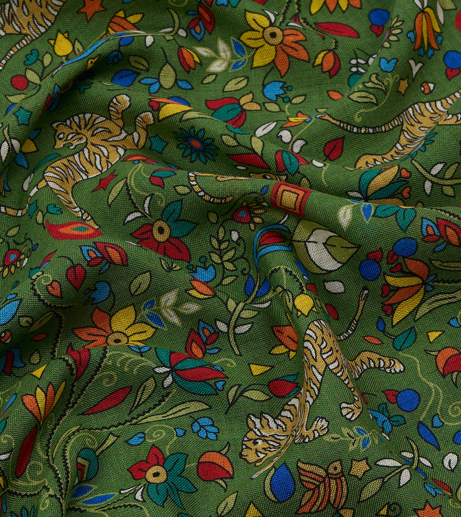 Green Tiger Garden Print Wool-Silk Bandana