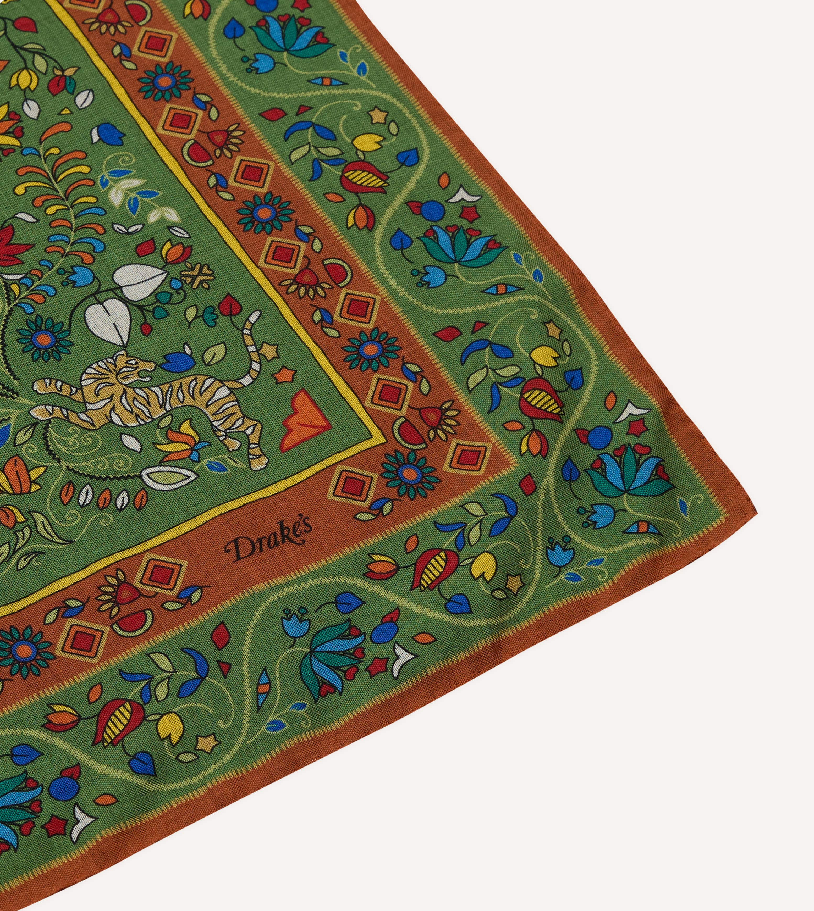Green Tiger Garden Print Wool-Silk Bandana – Drakes