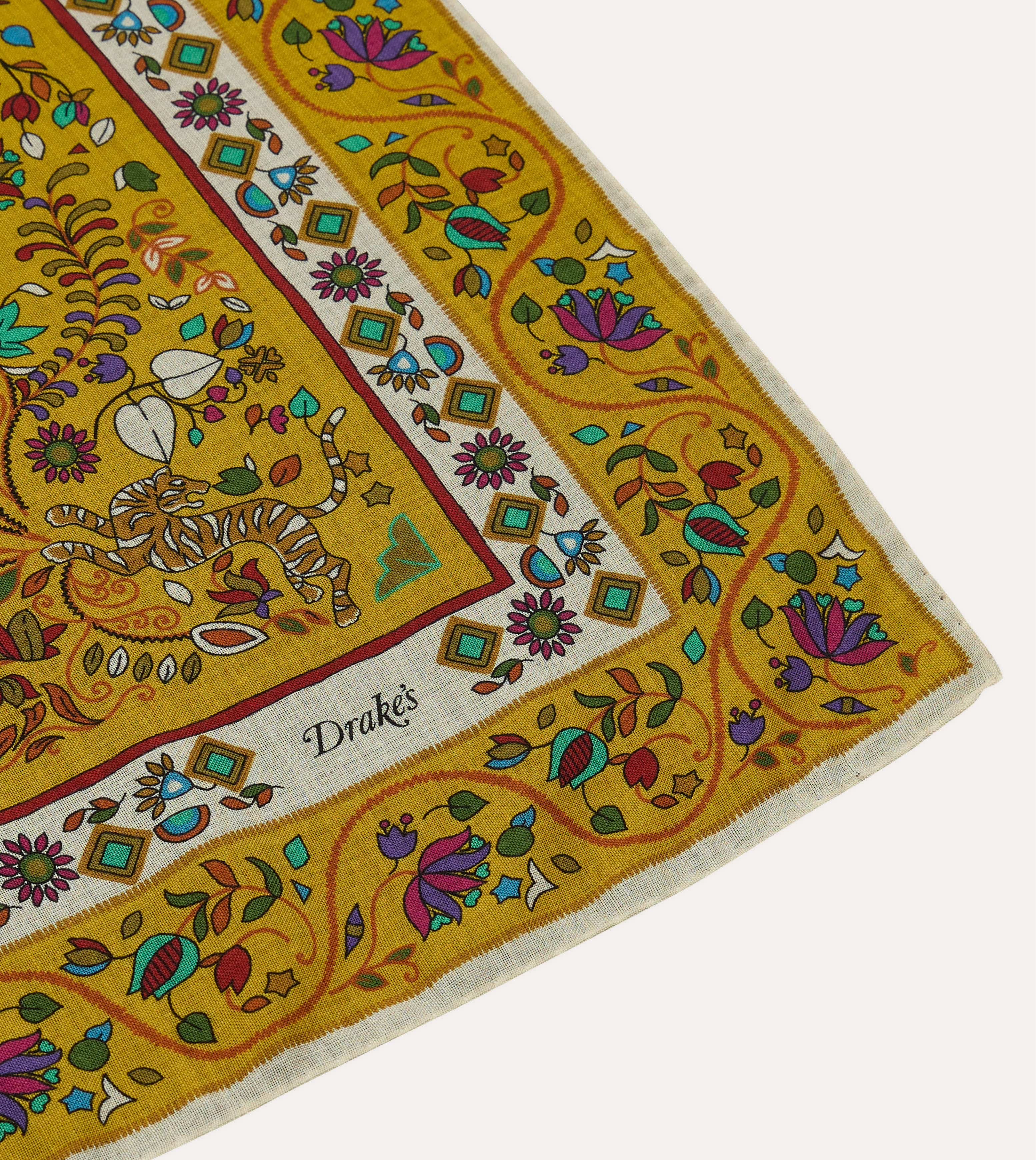 Yellow Tiger Garden Print Wool-Silk Bandana