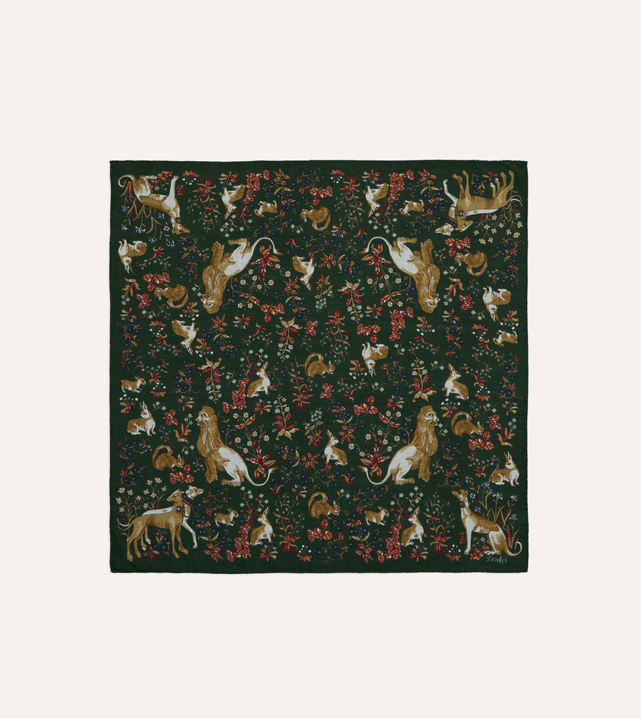 Olive Lion Tapestry Print Wool-Silk Bandana