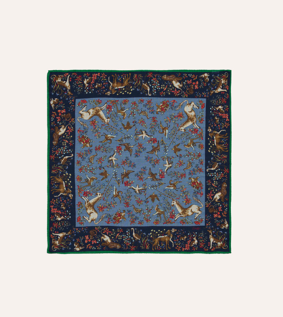 Navy Unicorn Tapestry Print Wool-Silk Bandana