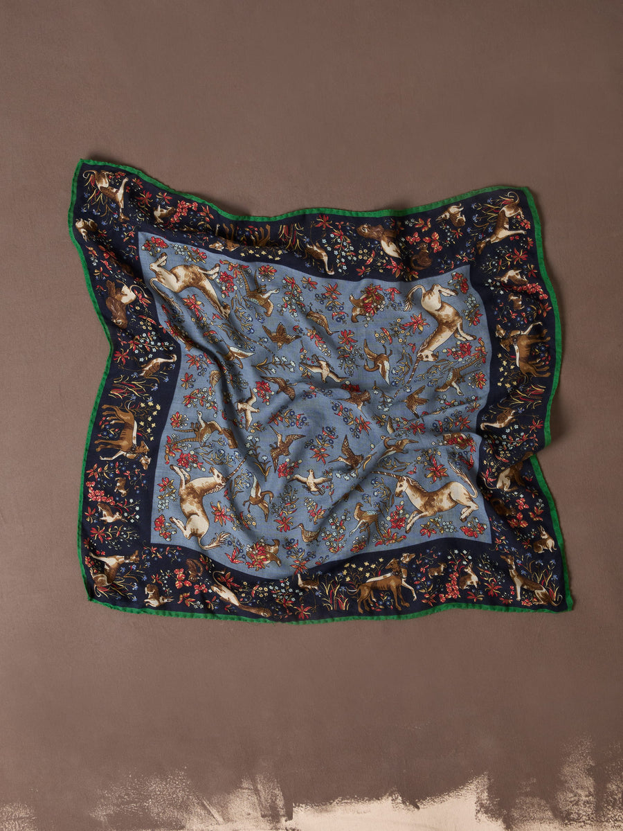 Navy Unicorn Tapestry Print Wool-Silk Bandana