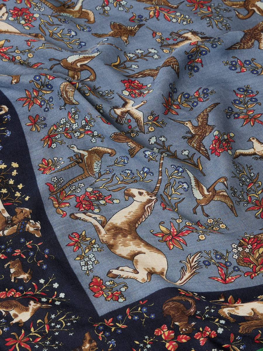 Navy Unicorn Tapestry Print Wool-Silk Bandana