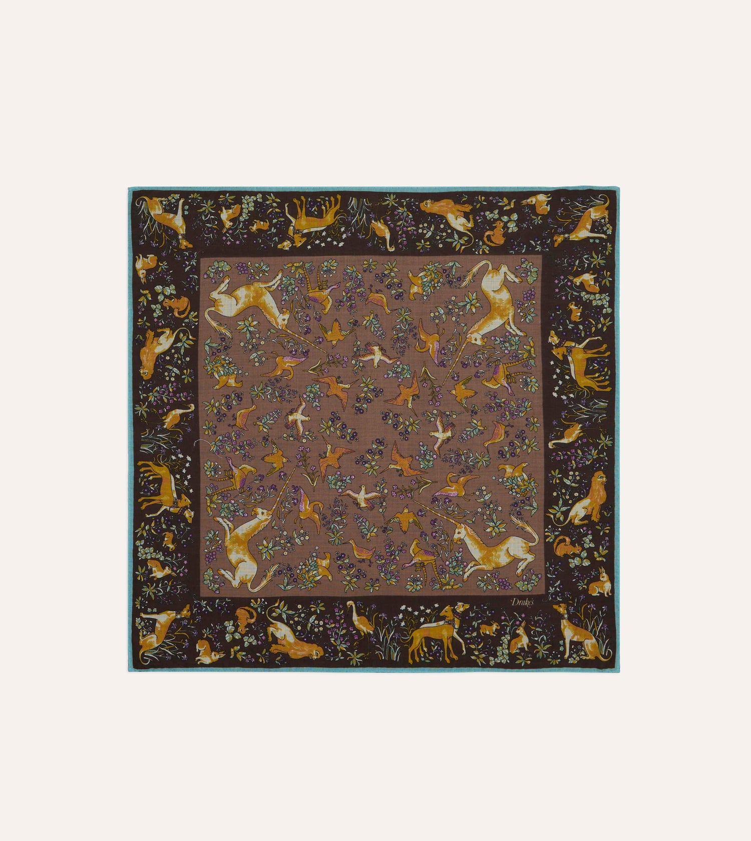 Brown Unicorn Tapestry Print Wool-Silk Bandana