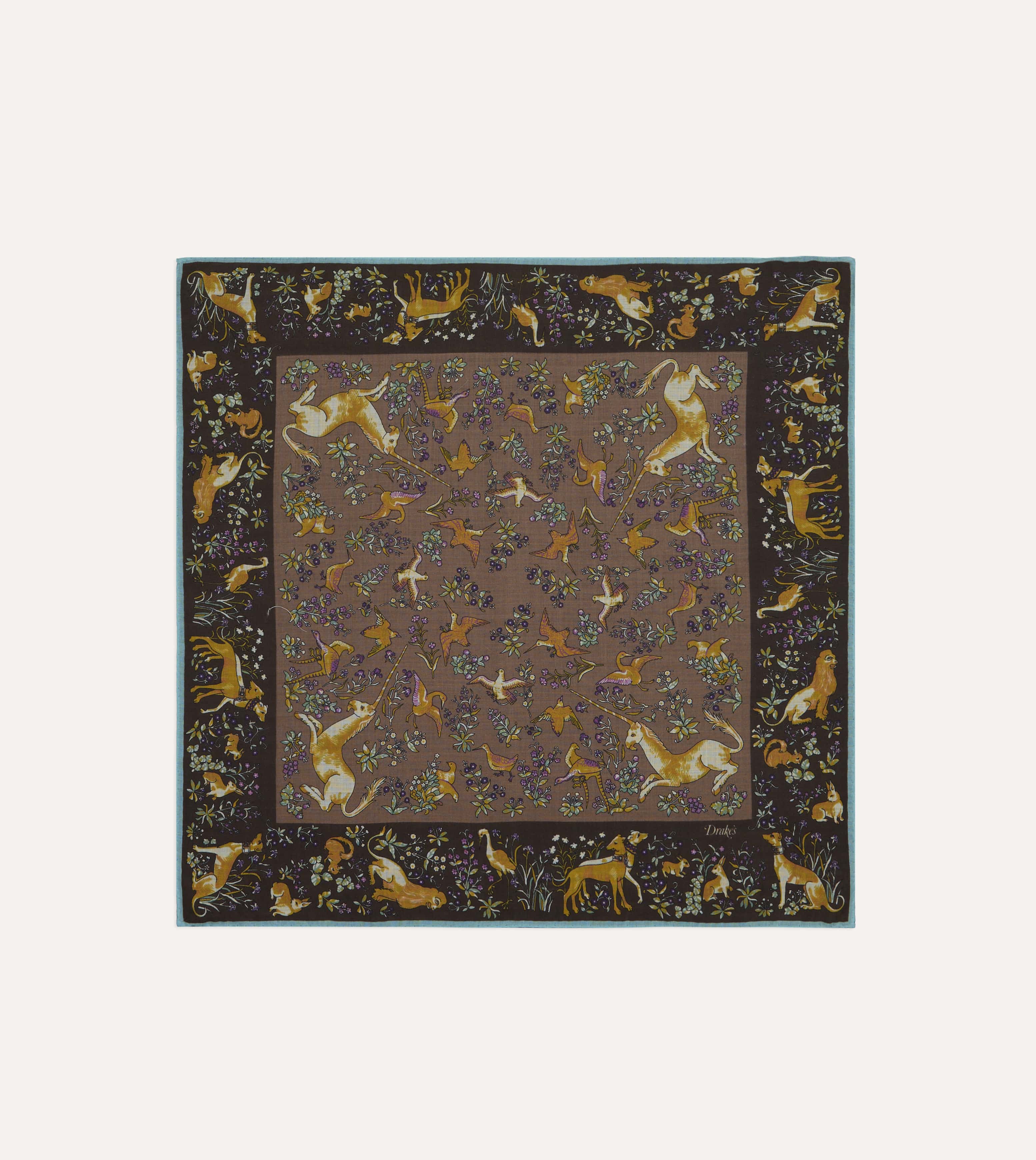 Brown Unicorn Tapestry Print Wool-Silk Bandana