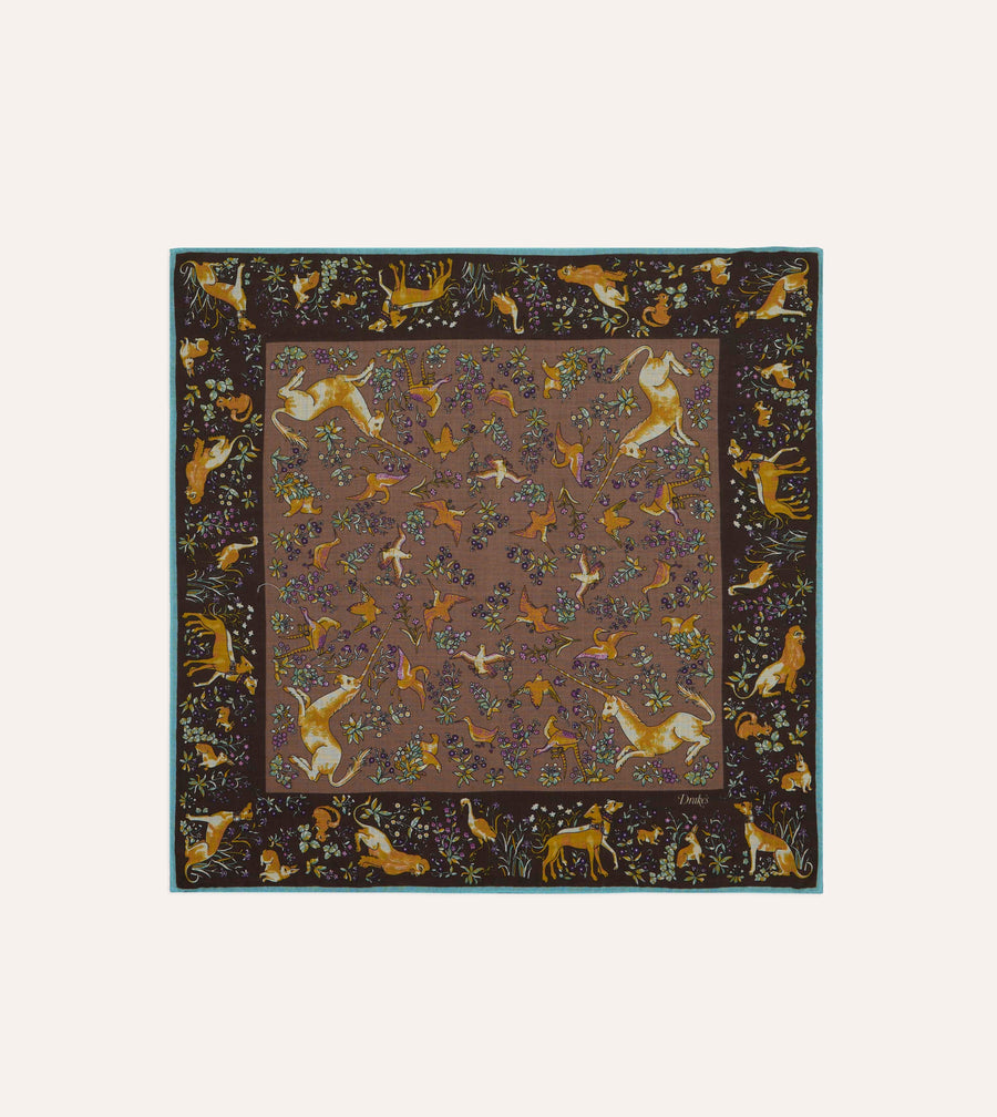 Brown Unicorn Tapestry Print Wool-Silk Bandana