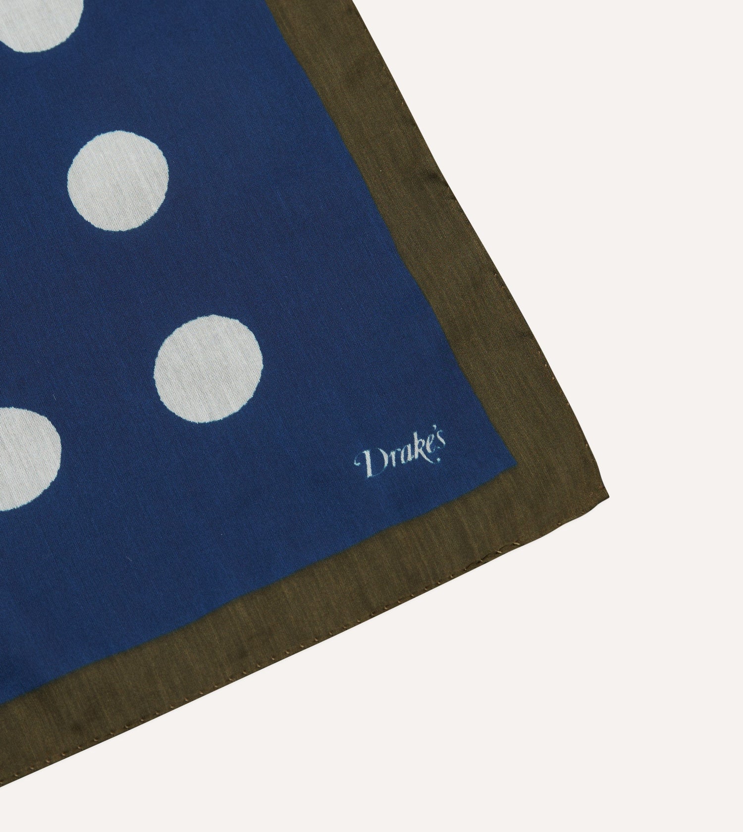 Olive, Navy and Ecru Large Spots Print Cotton-Silk Pocket Square