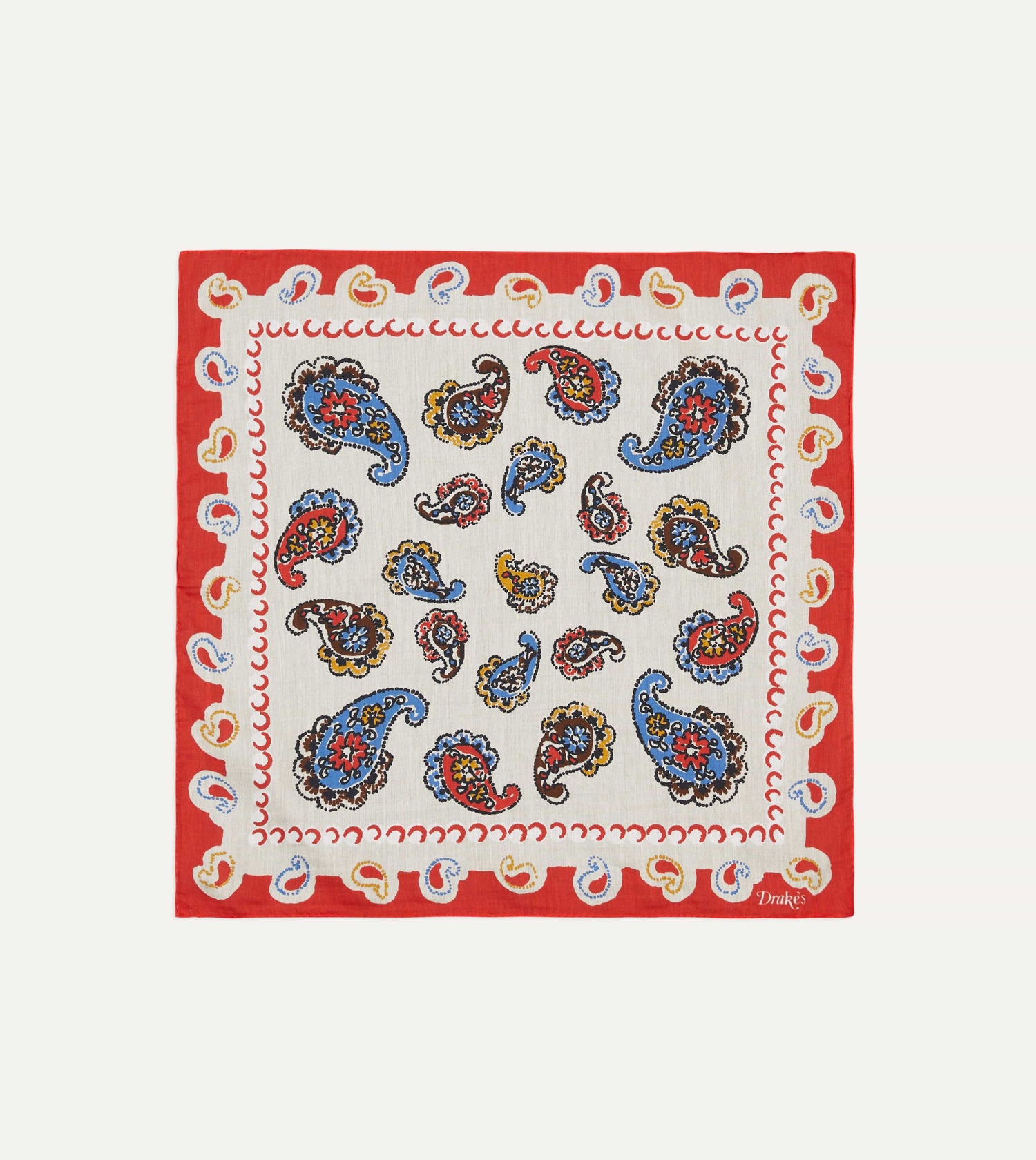 Beige and Red Summer Paisley Print Cotton-Silk Pocket Square