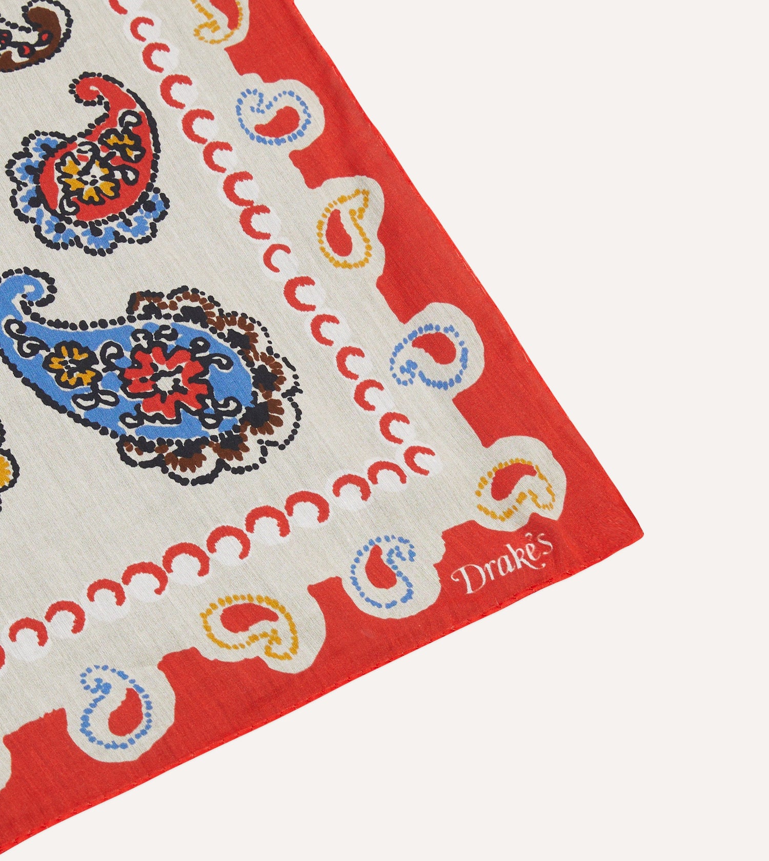 Beige and Red Summer Paisley Print Cotton-Silk Pocket Square