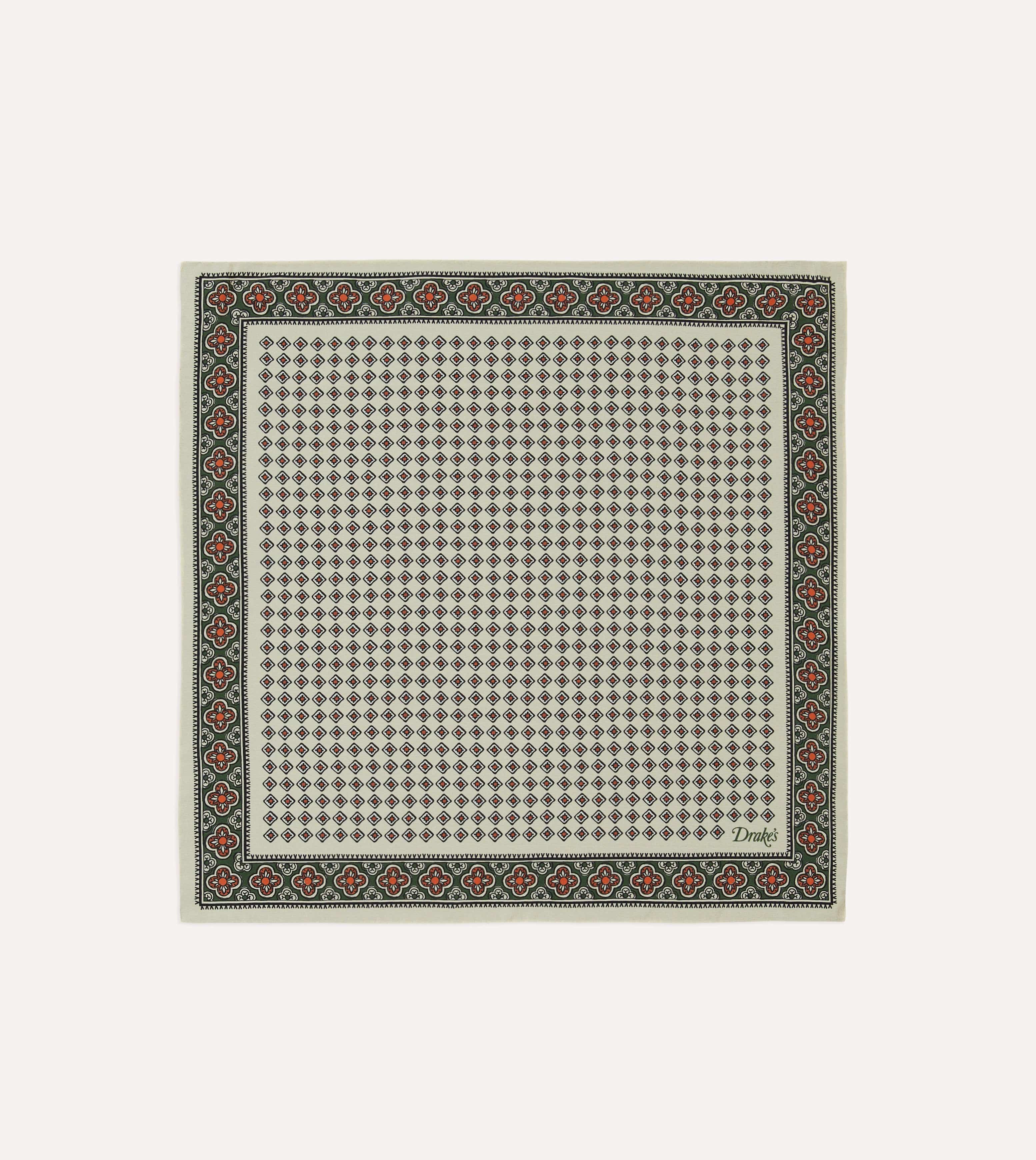 Ecru Vintage Tile Print Silk Pocket Square