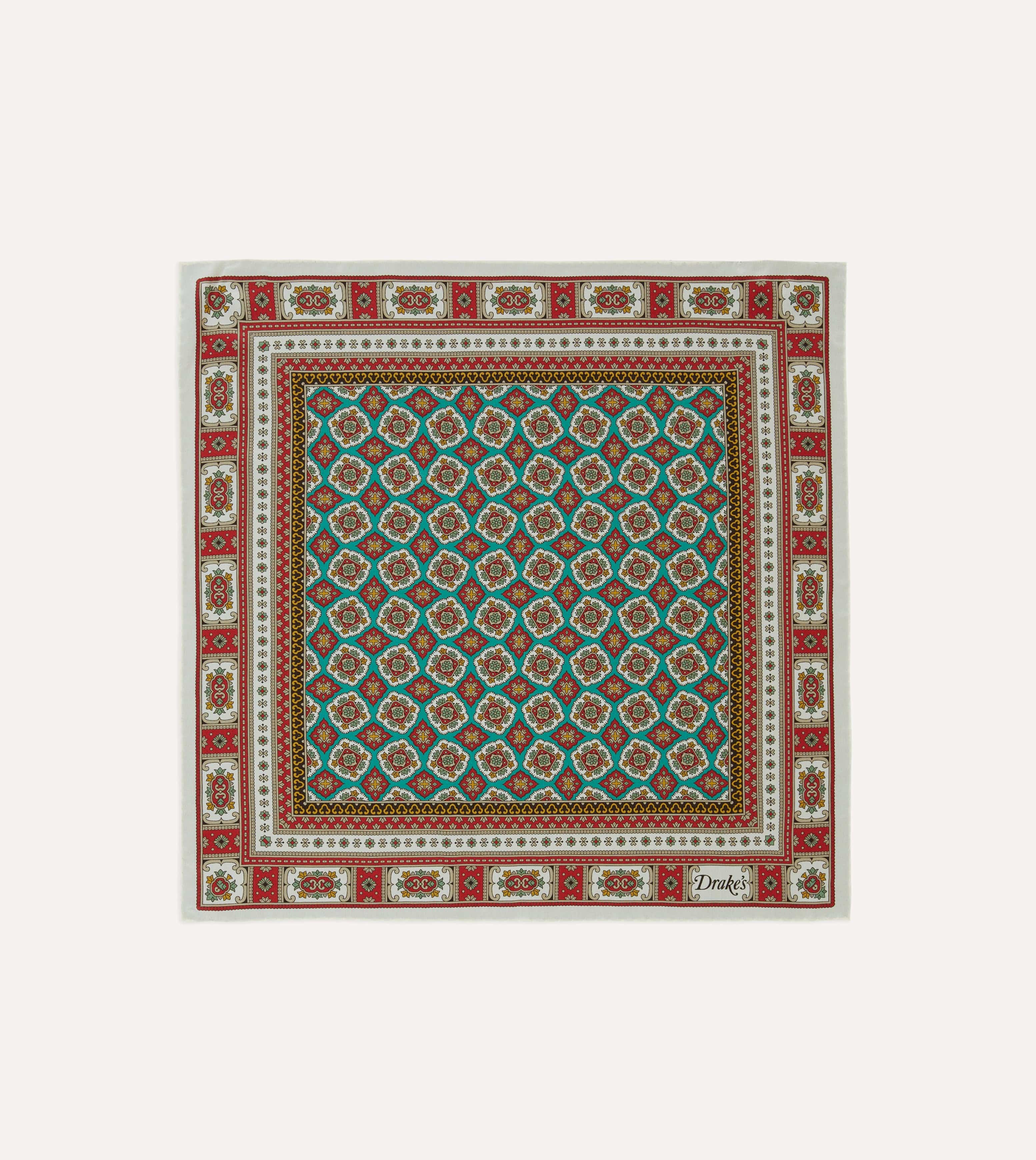 Ecru, Red and Gold Floral Medallion Print Silk Pocket Square