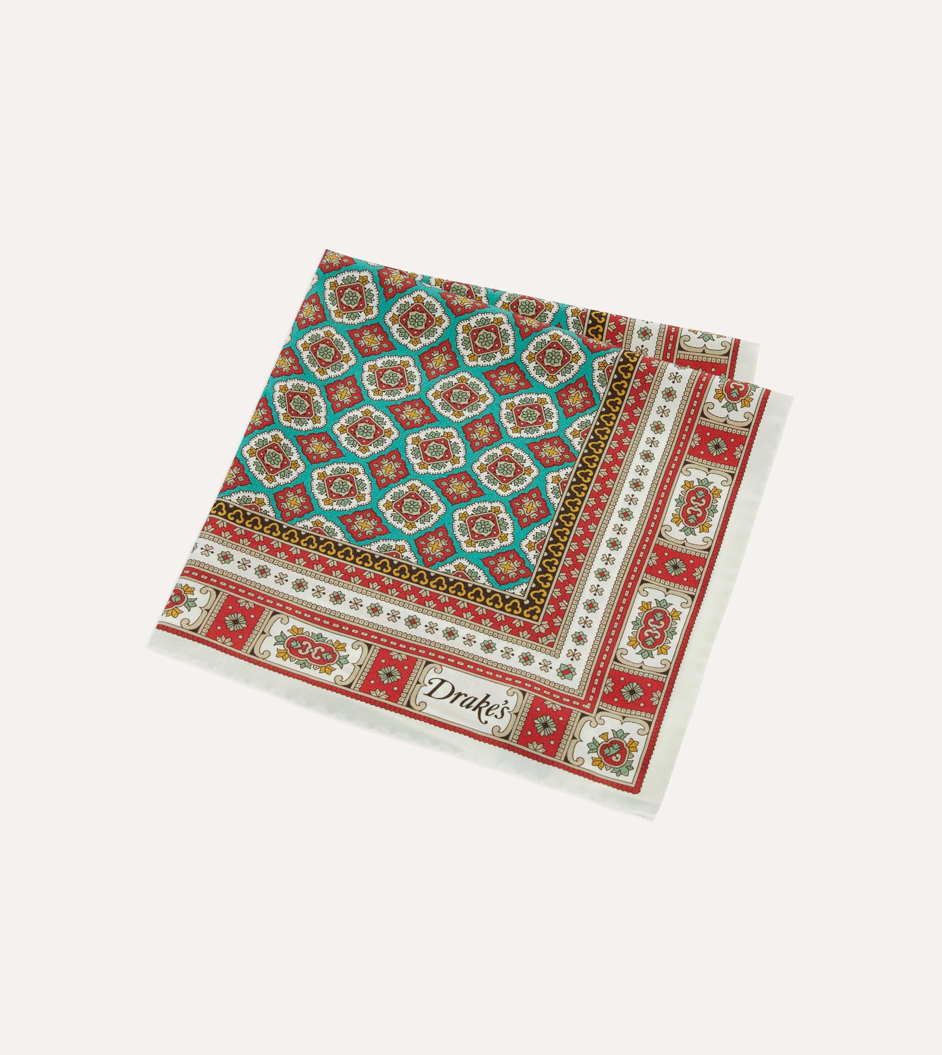 Ecru, Red and Gold Floral Medallion Print Silk Pocket Square