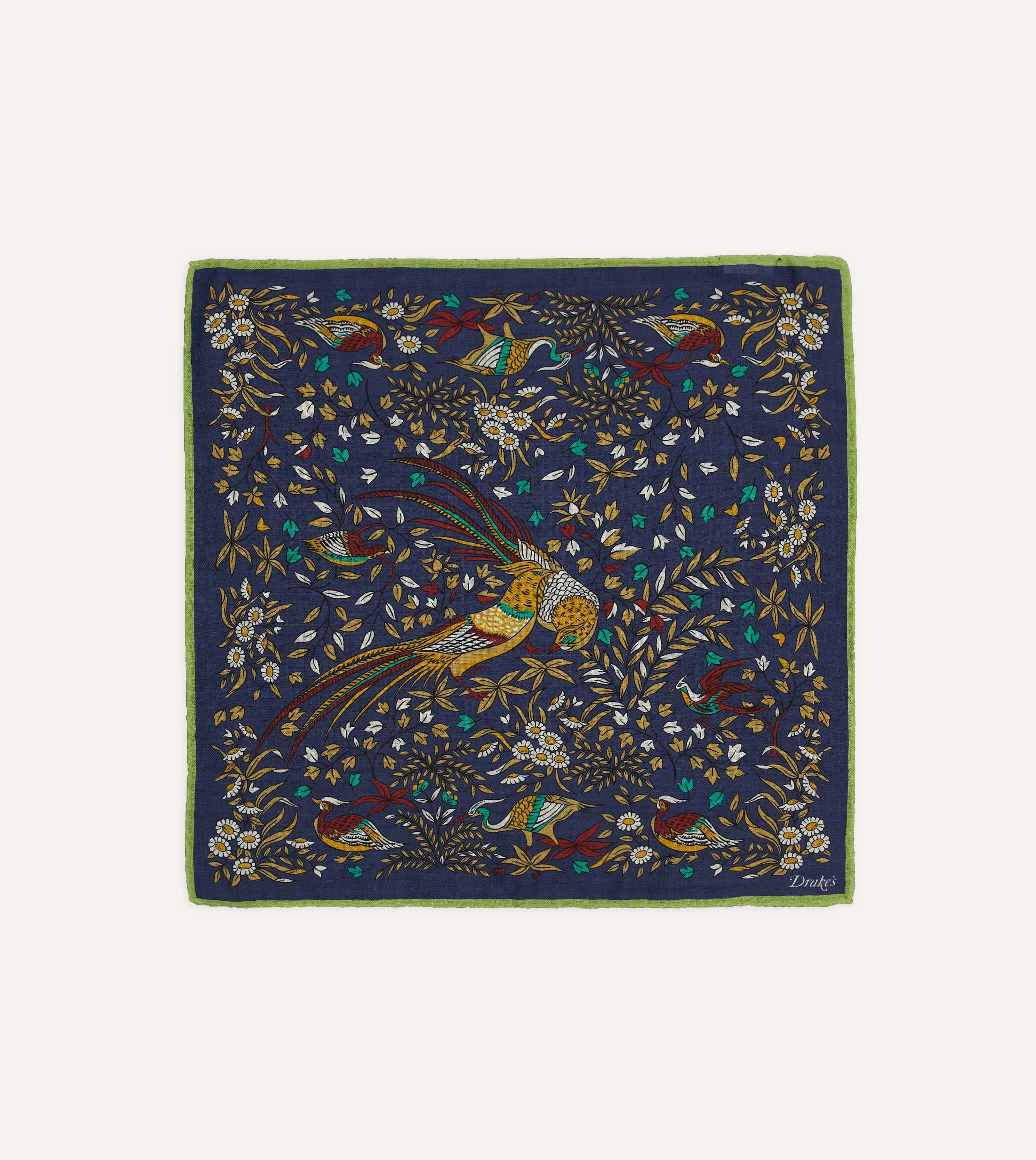 Navy Birds of Paradise Print Wool-Silk Pocket Square