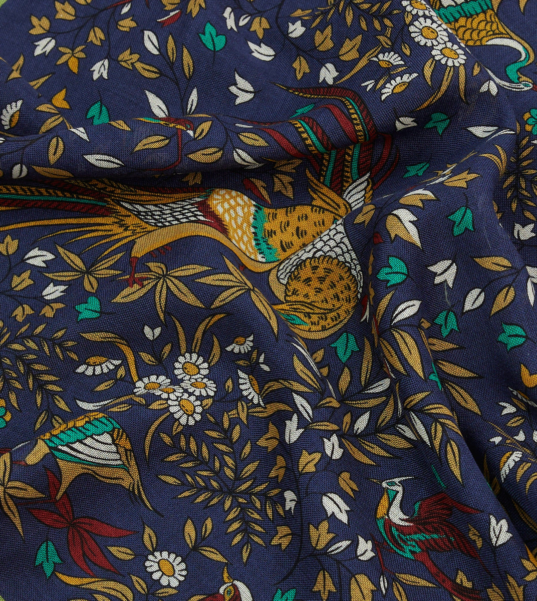 Navy Birds of Paradise Print Wool-Silk Pocket Square – Drakes