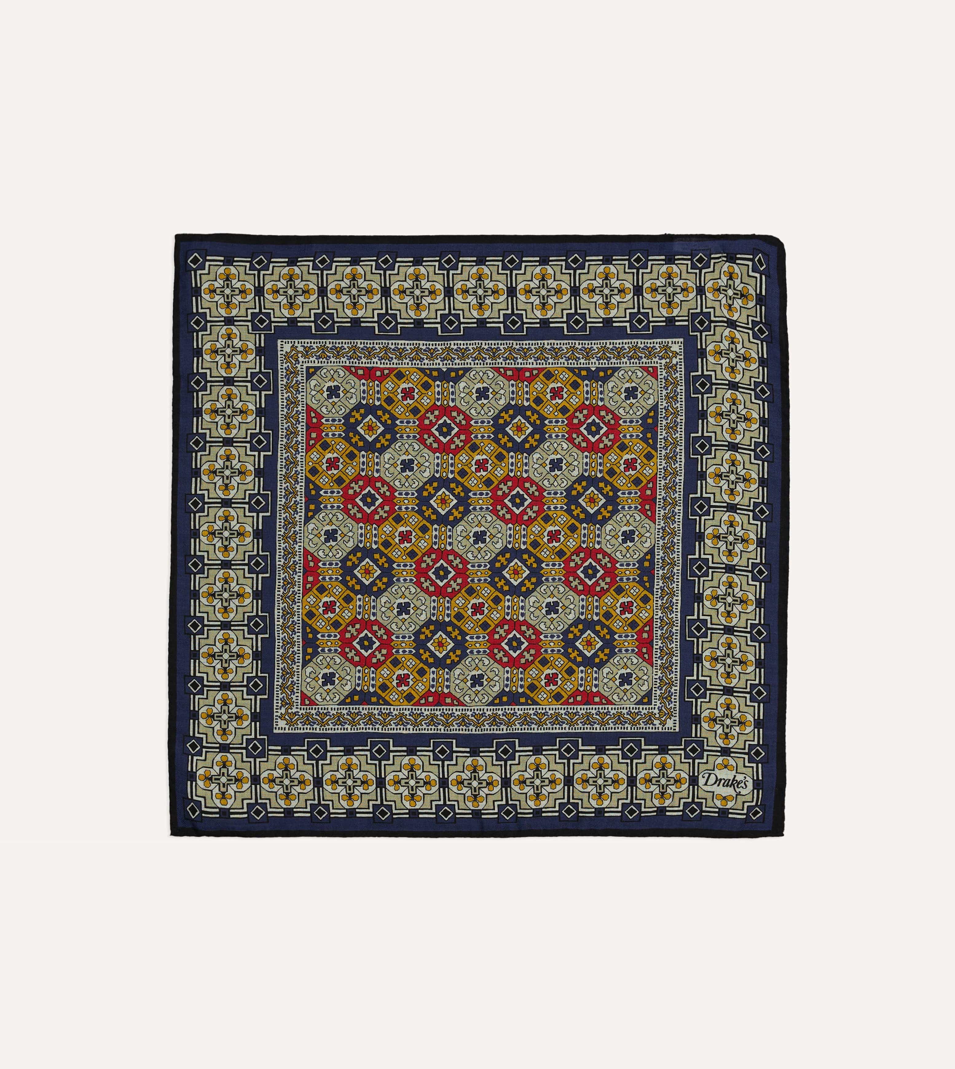 Navy Geometric Tapestry Print Wool-Silk Pocket Square