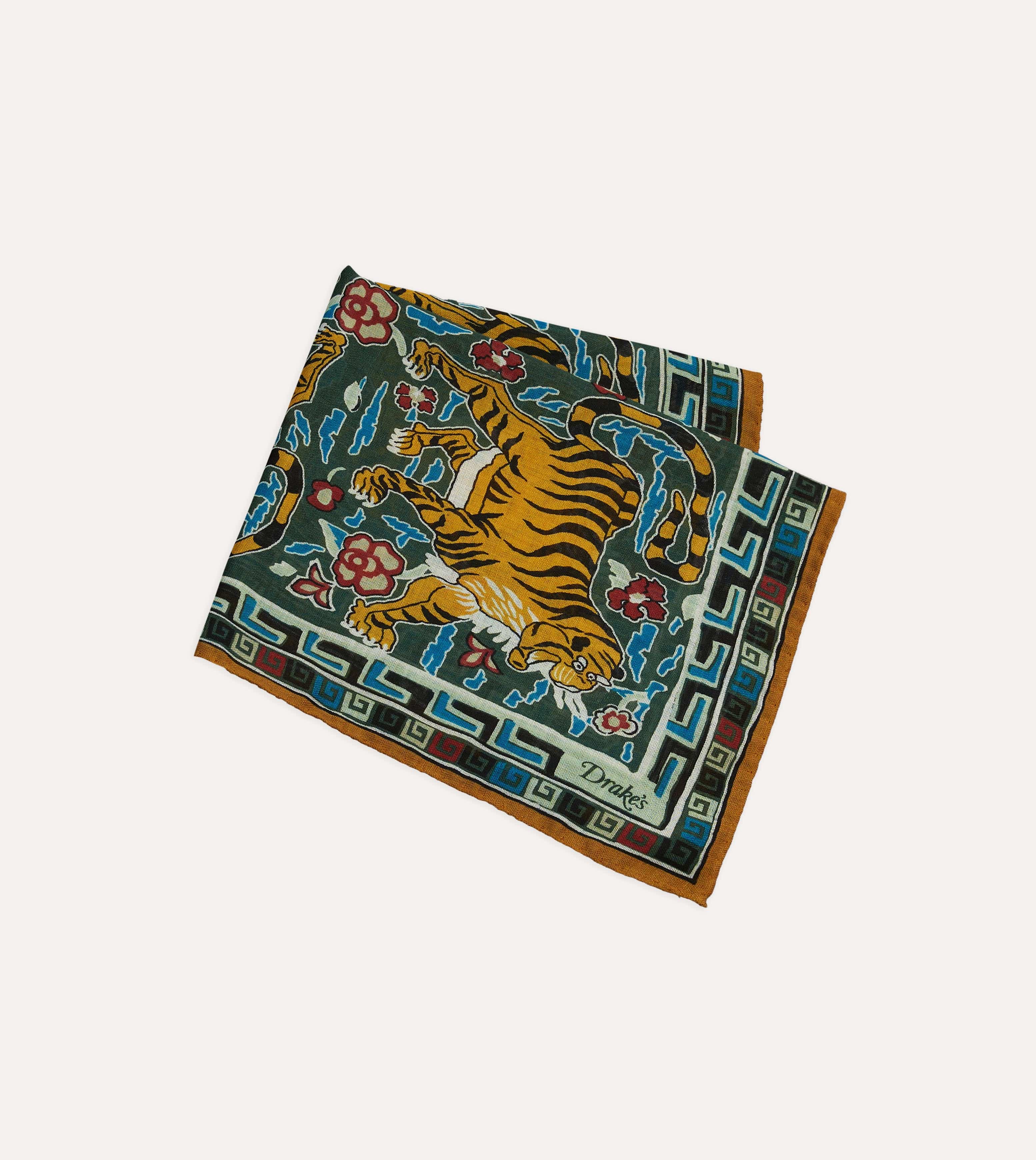 Green Tiger Motif Print Wool-Silk Pocket Square