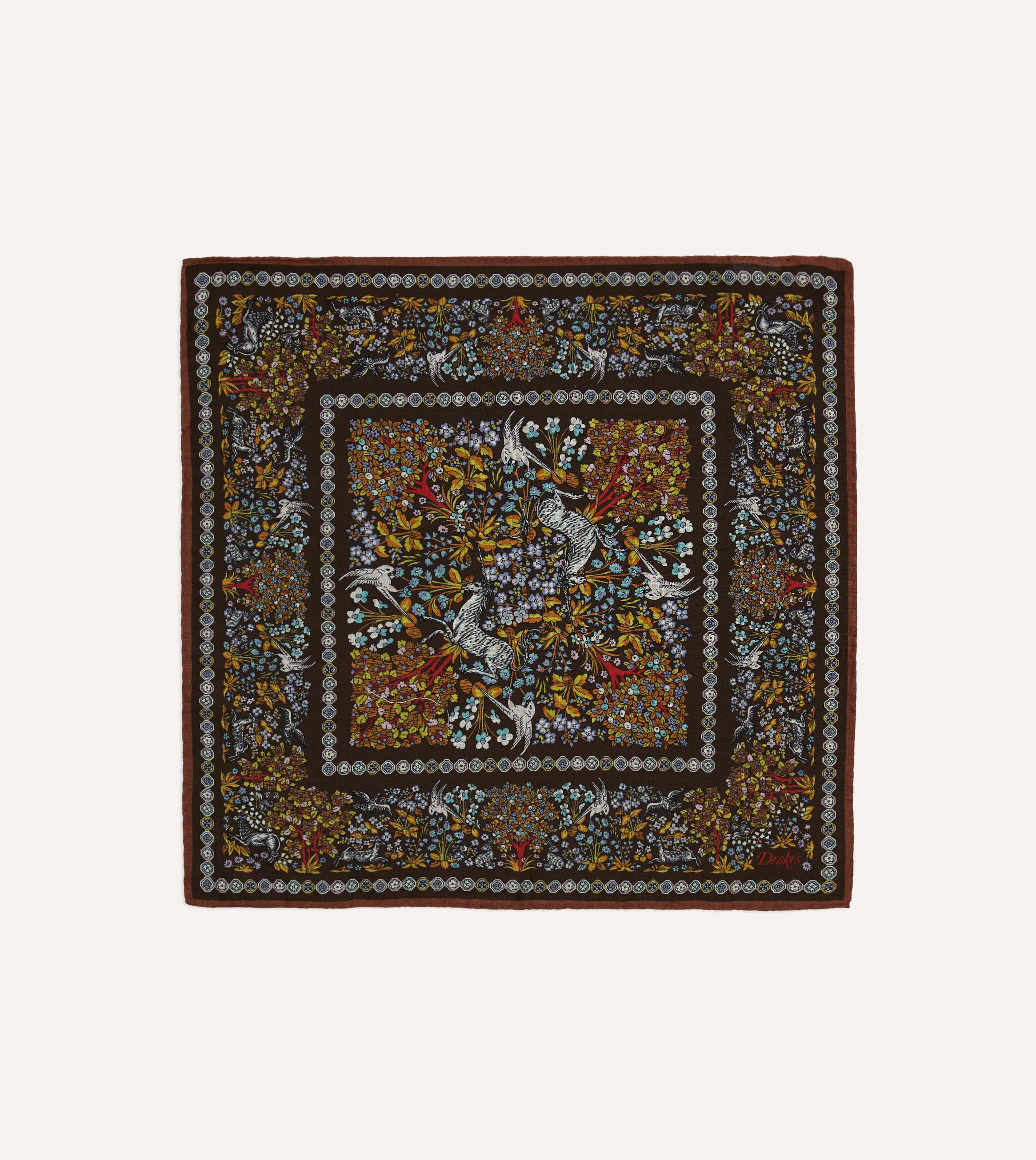 Blue Floral Unicorn Print Wool-Silk Pocket Square