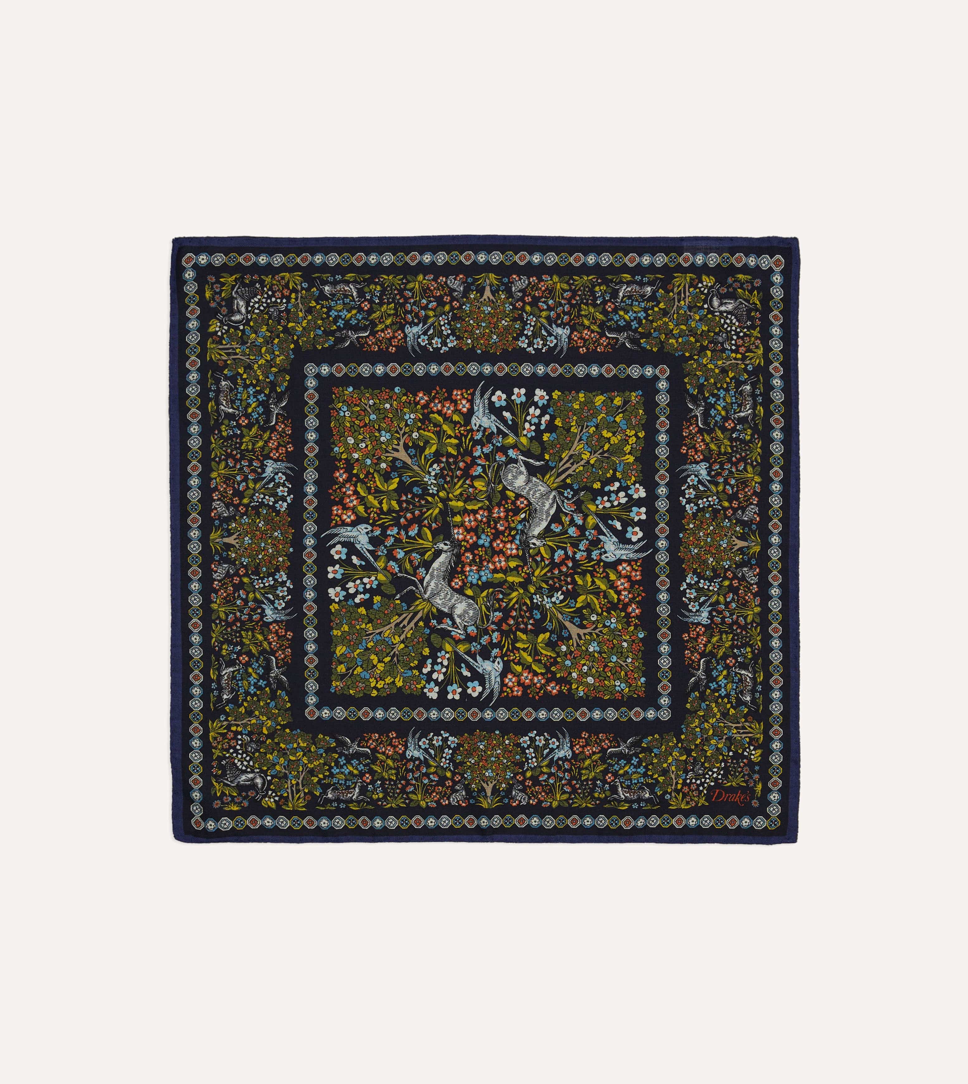 Orange Floral Unicorn Print Wool-Silk Pocket Square