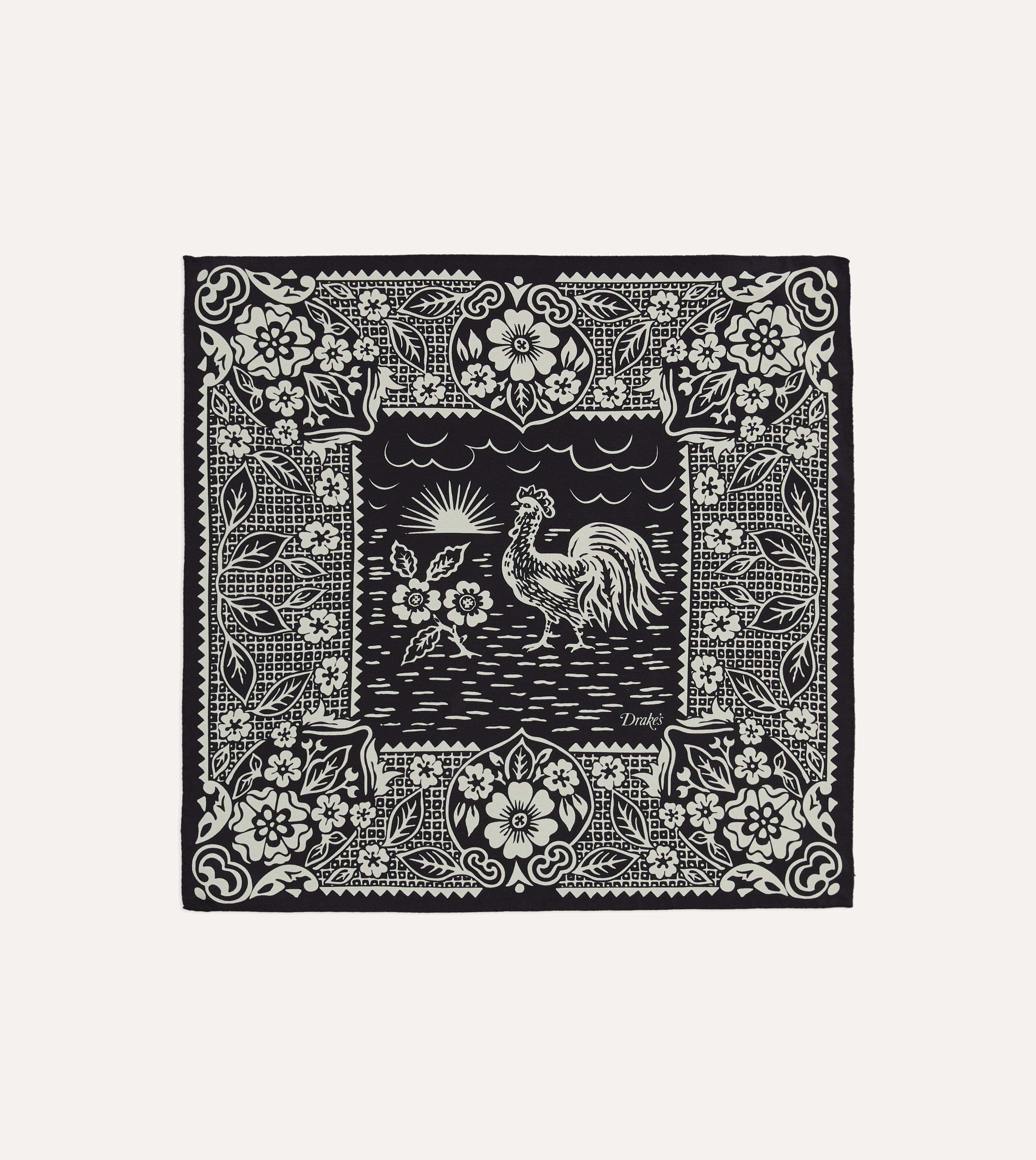 Navy Cockerel Print Silk Pocket Square