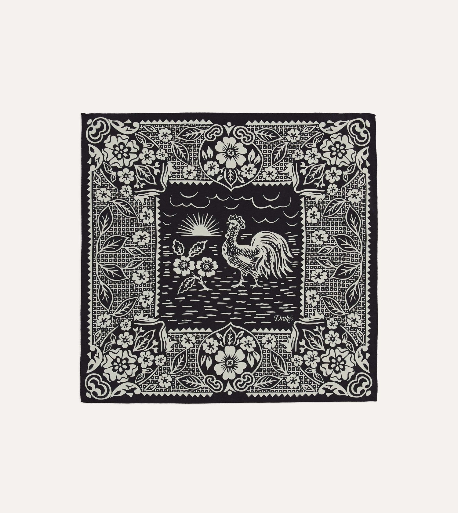 Navy Cockerel Print Silk Pocket Square