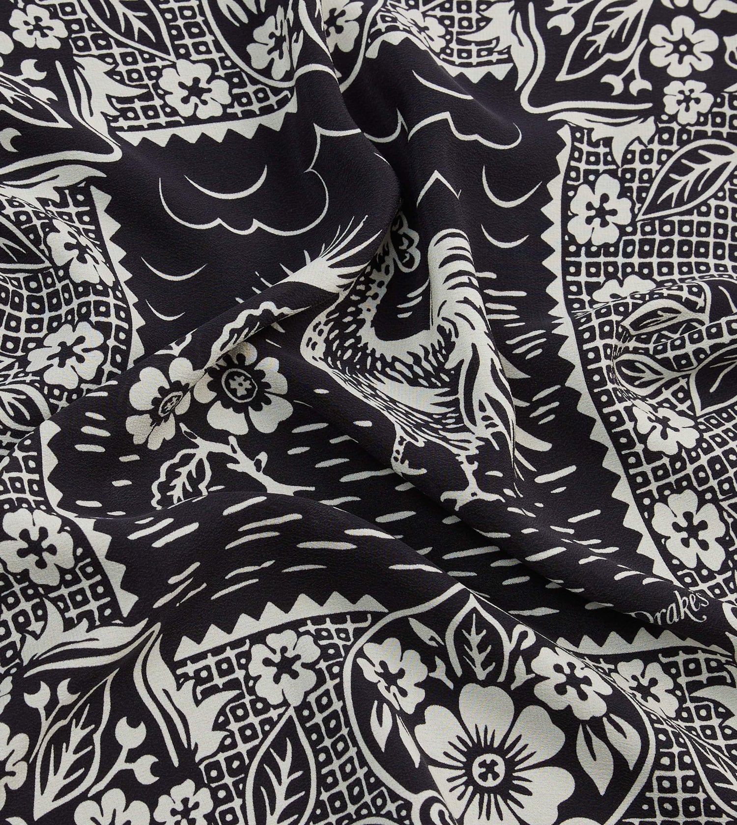 Navy Cockerel Print Silk Pocket Square