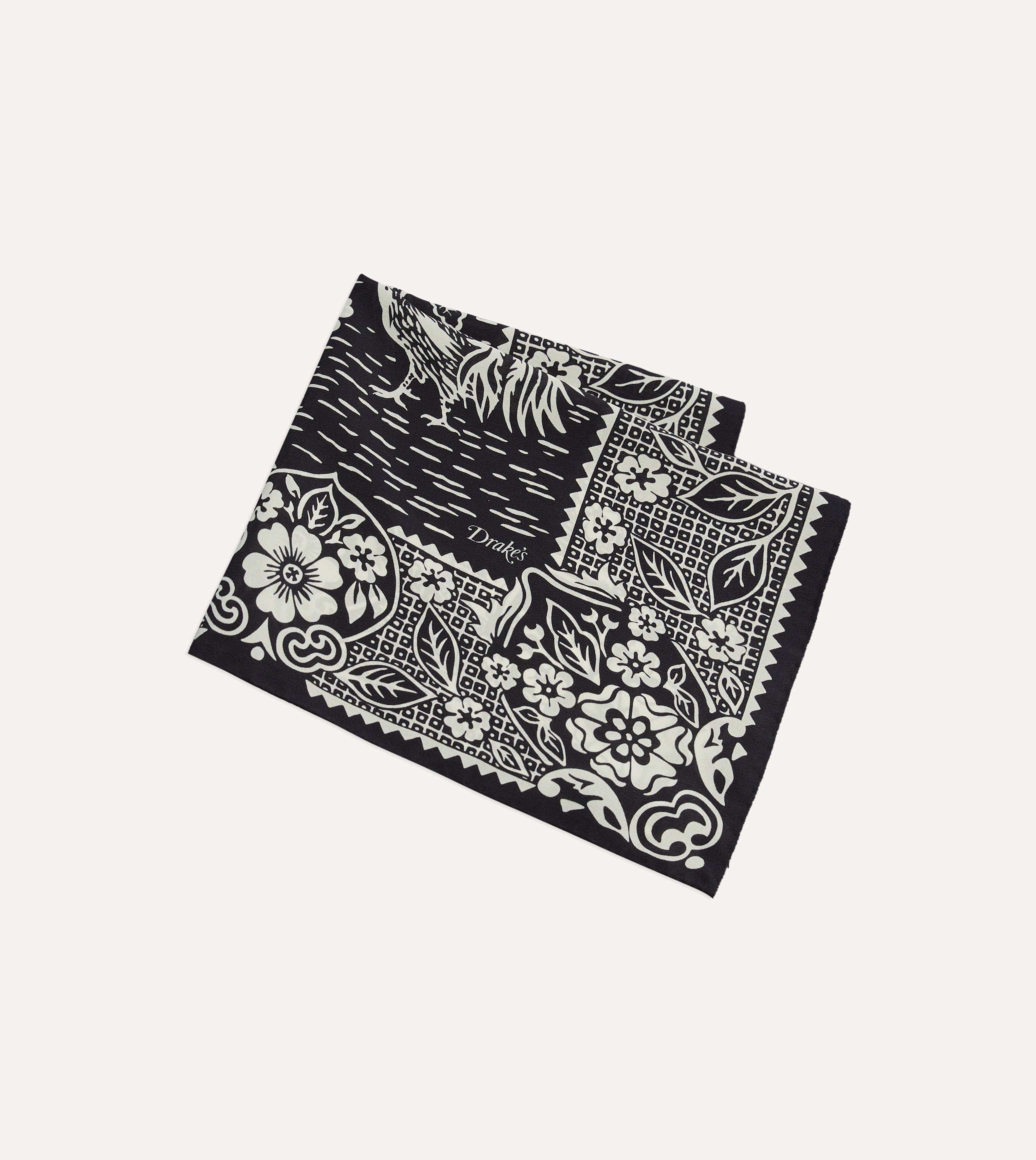 Navy Cockerel Print Silk Pocket Square