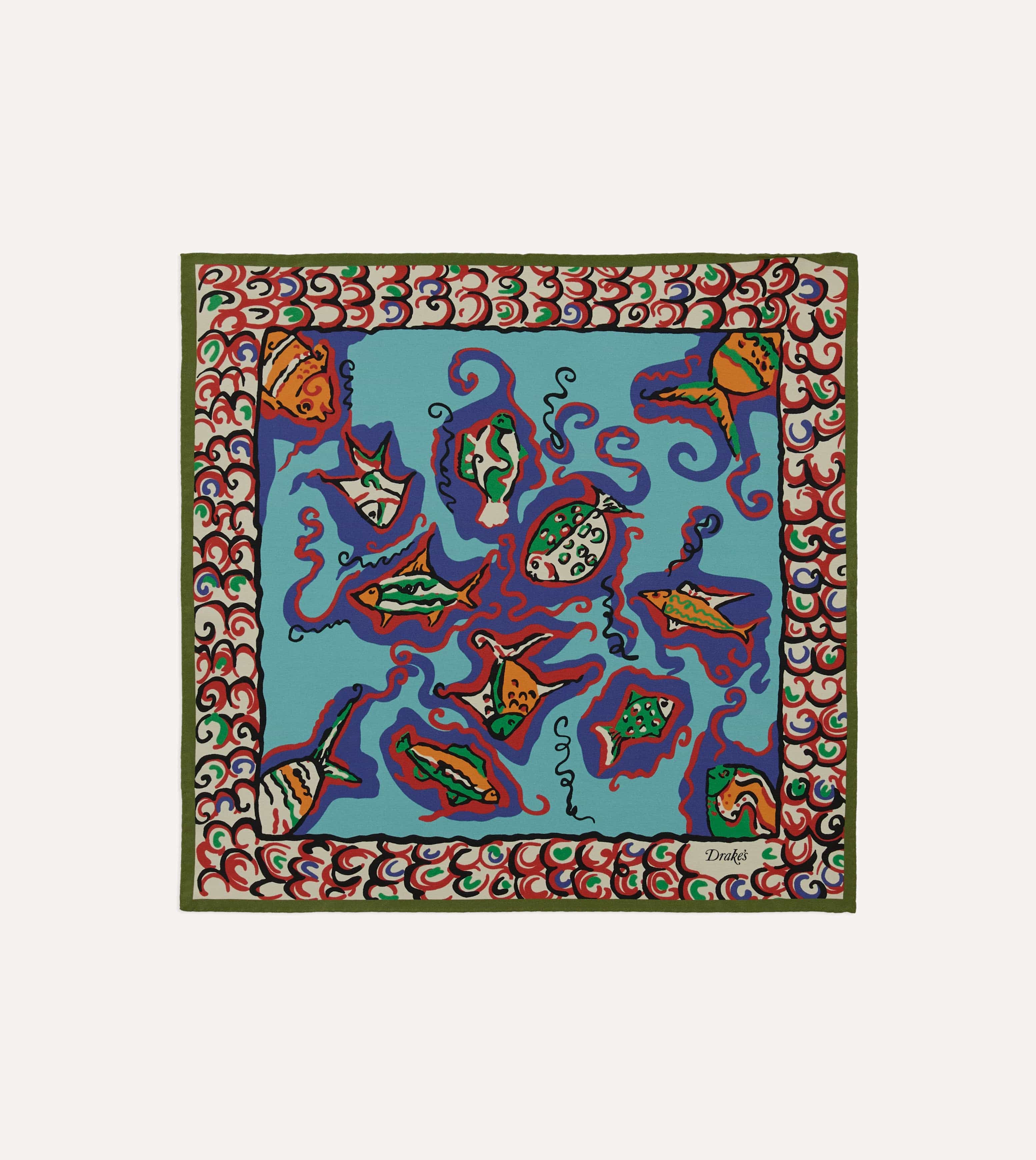 Teal Fish Print Silk Pocket Square