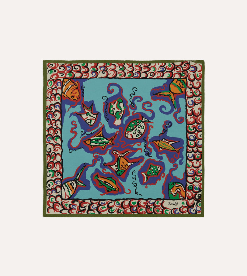 Teal Fish Print Silk Pocket Square
