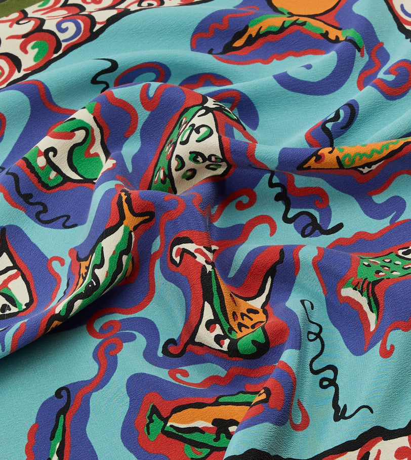 Teal Fish Print Silk Pocket Square