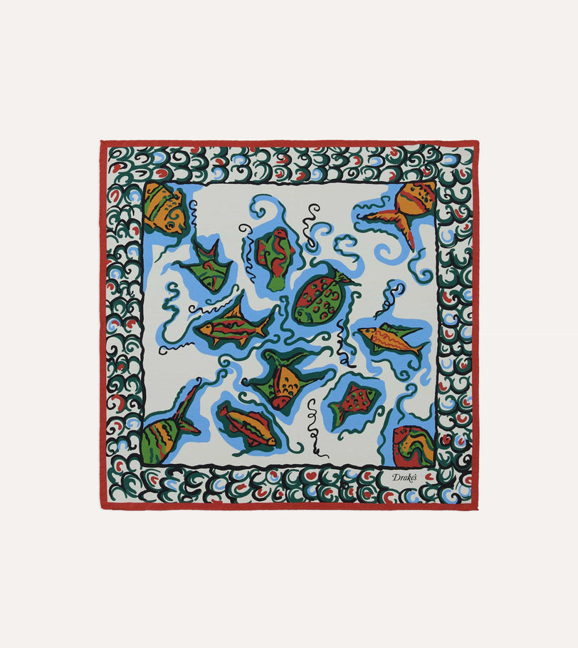 Ecru Fish Print Silk Pocket Square